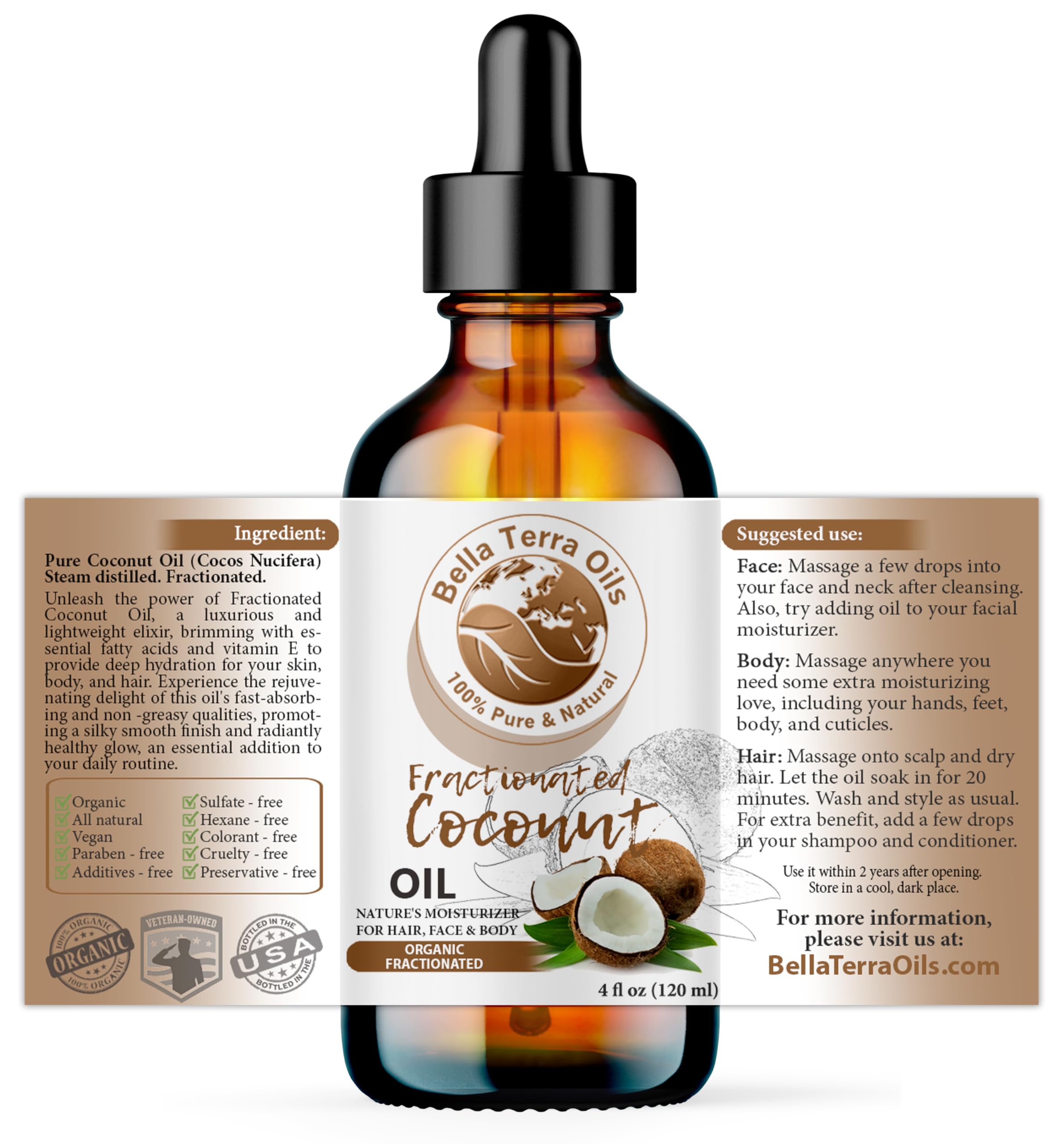 Bella Terra Oils - Organic Fractionated Coconut Oil (MCT) 4oz | Pure Coconut Essence, Rich in Capric & Lauric Acids