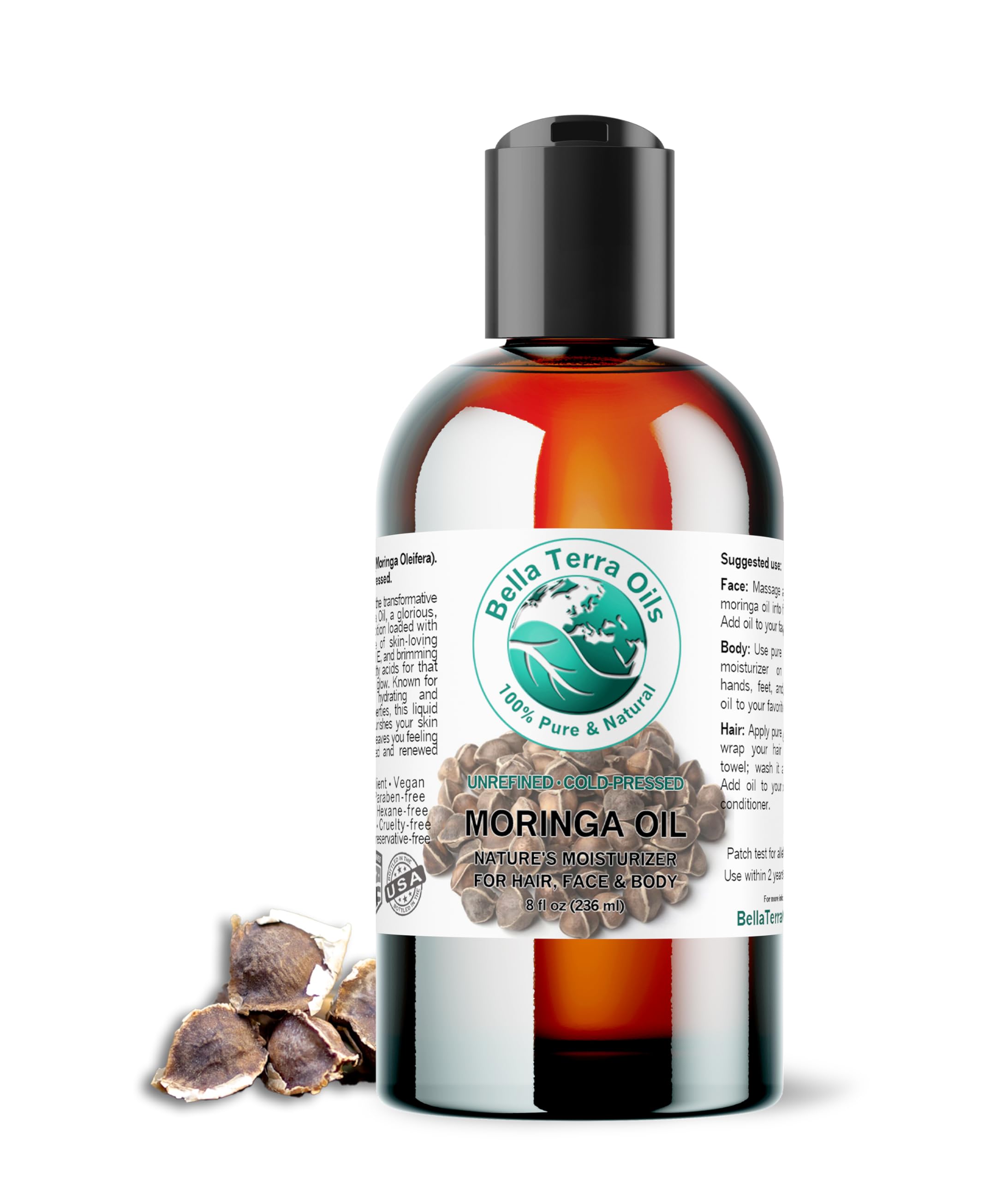 Bella Terra Oils Organic Moringa Seed Oil 8 oz | Pure, Unsaturated Fatty Acids for Skin & Hair Glow