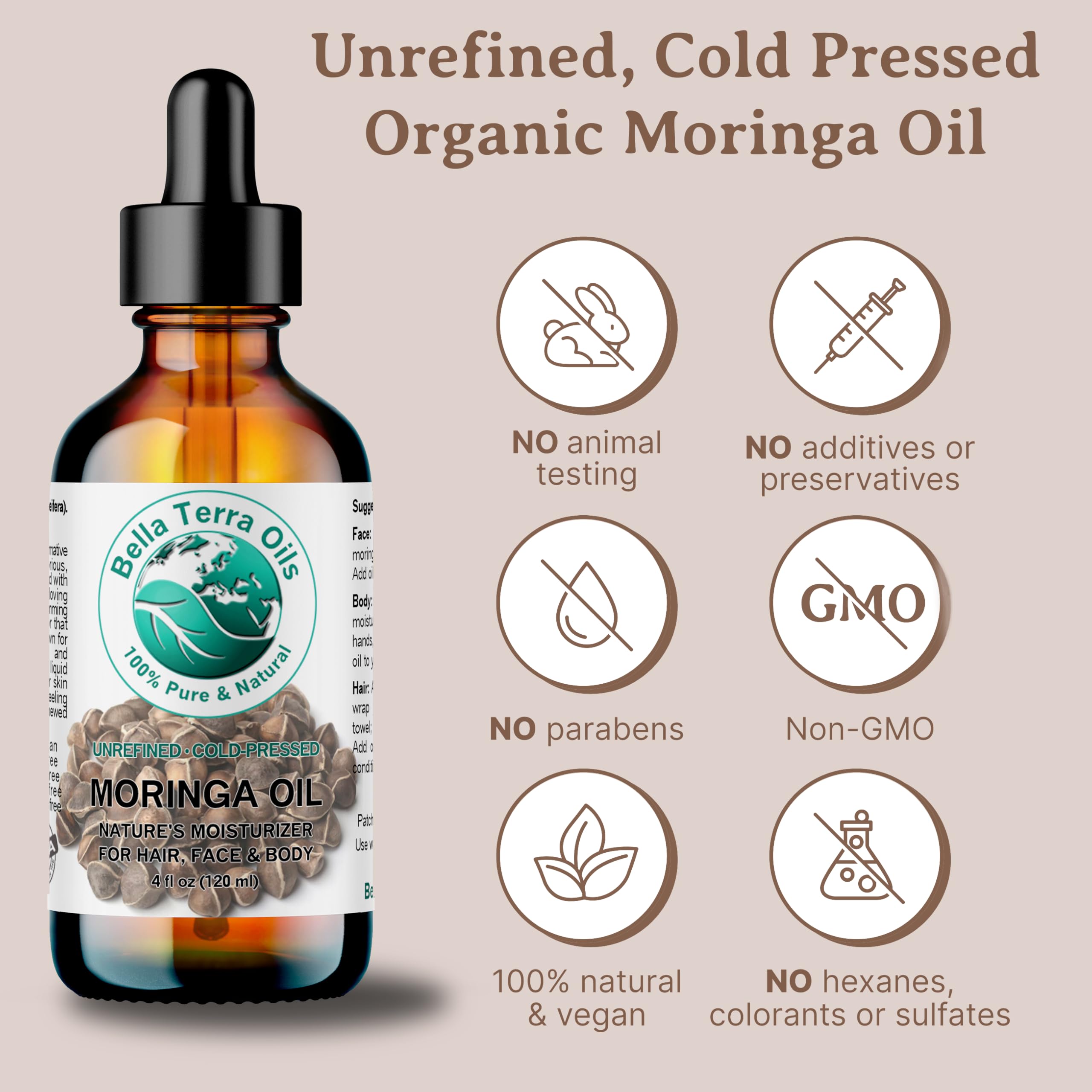Bella Terra Oils Organic Moringa Seed Oil 8 oz | Pure, Unsaturated Fatty Acids for Skin & Hair Glow