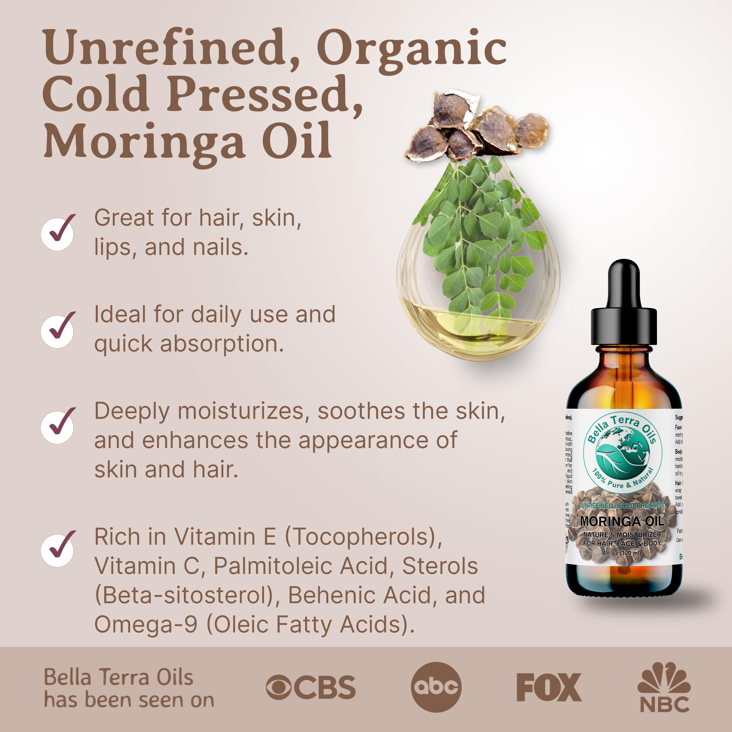 Bella Terra Oils Organic Moringa Seed Oil 8 oz | Pure, Unsaturated Fatty Acids for Skin & Hair Glow