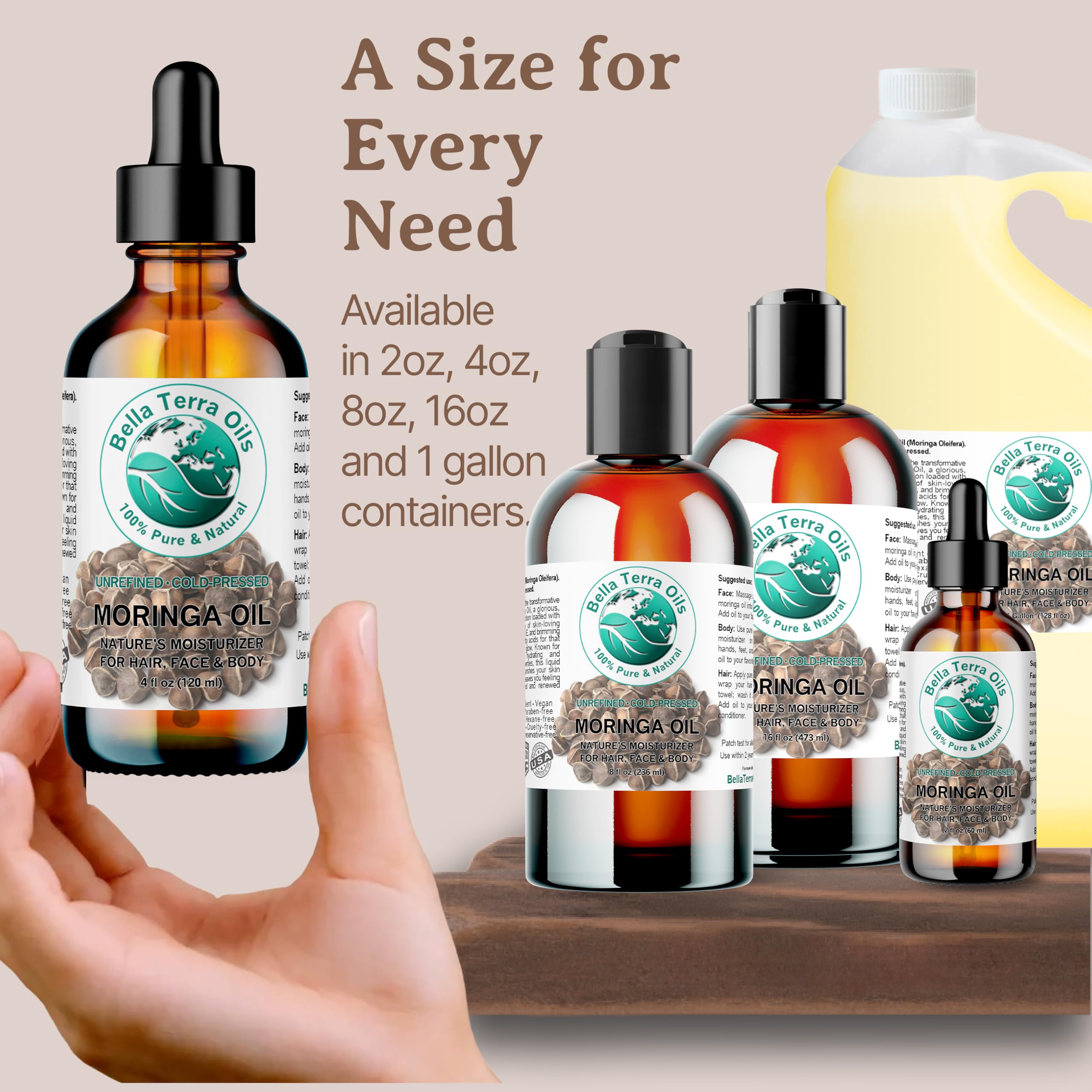 Bella Terra Oils Organic Moringa Seed Oil 8 oz | Pure, Unsaturated Fatty Acids for Skin & Hair Glow