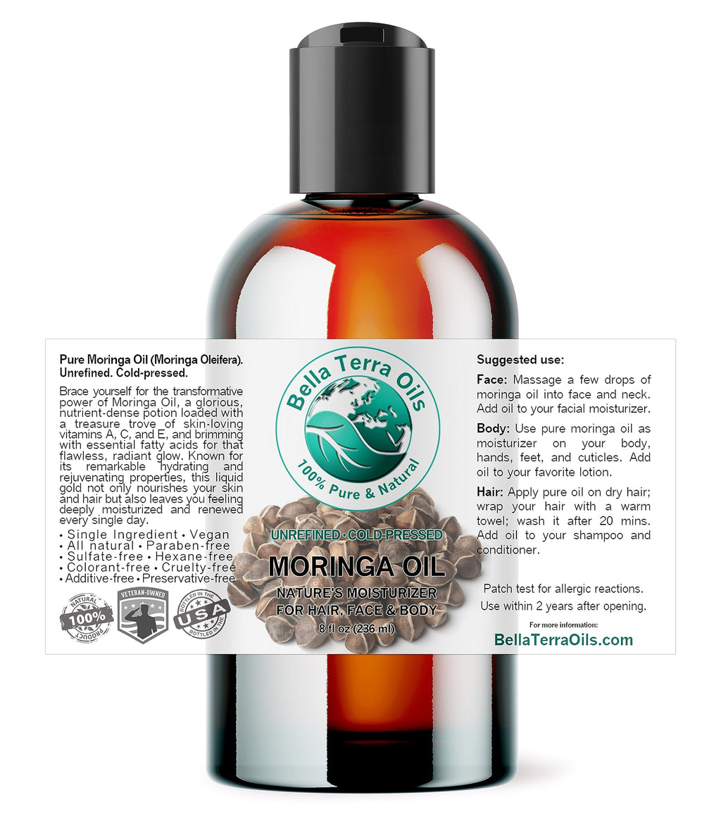 Bella Terra Oils Organic Moringa Seed Oil 8 oz | Pure, Unsaturated Fatty Acids for Skin & Hair Glow