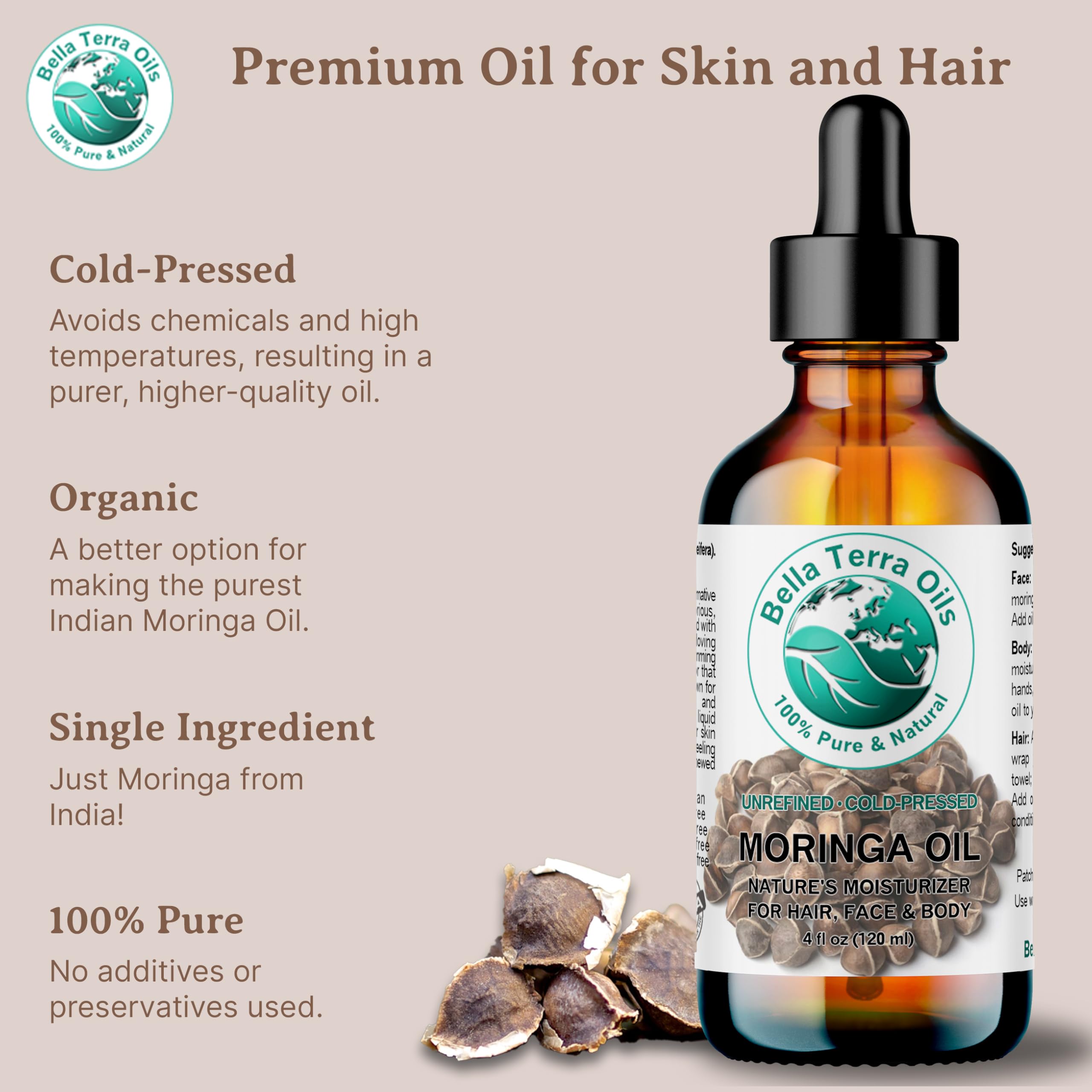 Bella Terra Oils Organic Moringa Seed Oil 8 oz | Pure, Unsaturated Fatty Acids for Skin & Hair Glow