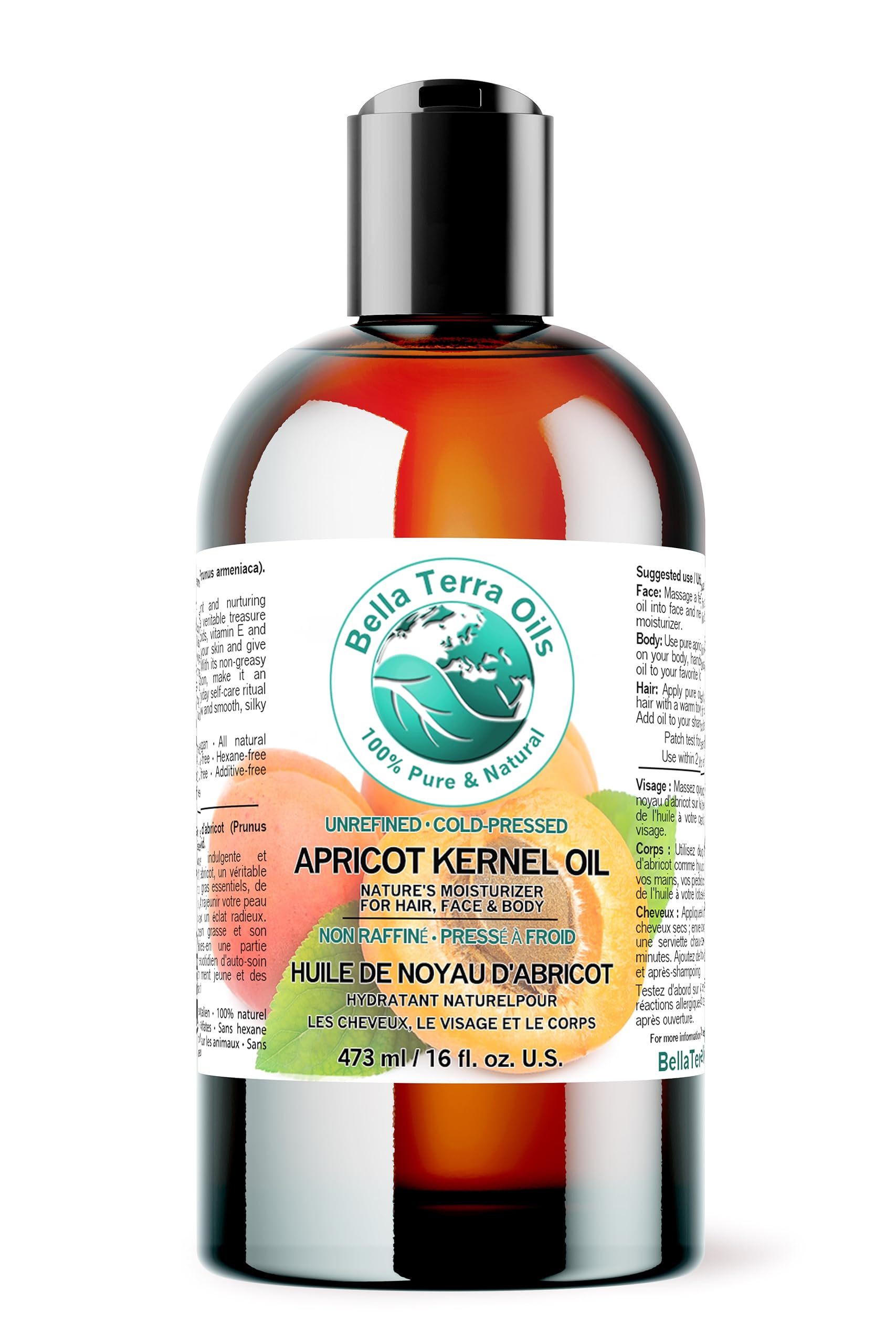 Bella Terra Oils - Organic Apricot Kernel Oil 16 oz | Cold-Pressed Carrier Oil for Skincare & Essential Oils