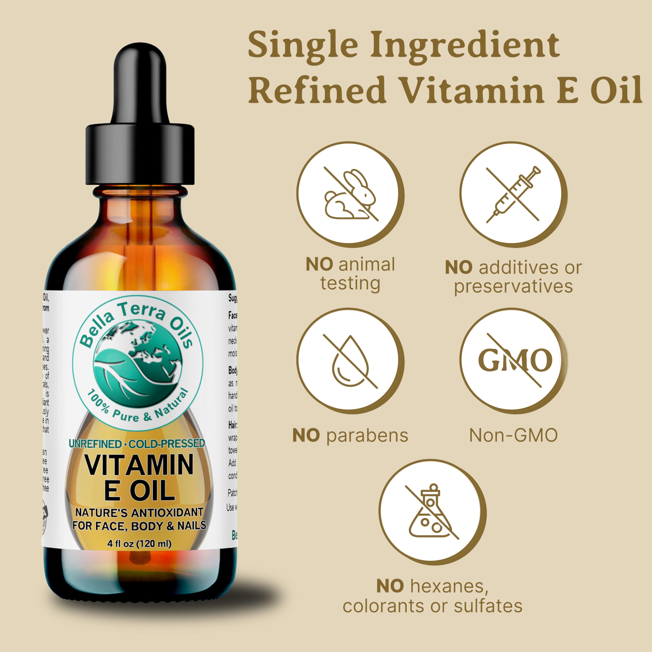 Bella Terra Oils Organic Vitamin E Oil 4 oz — D-Alpha Tocopherol Rich for Face & Body