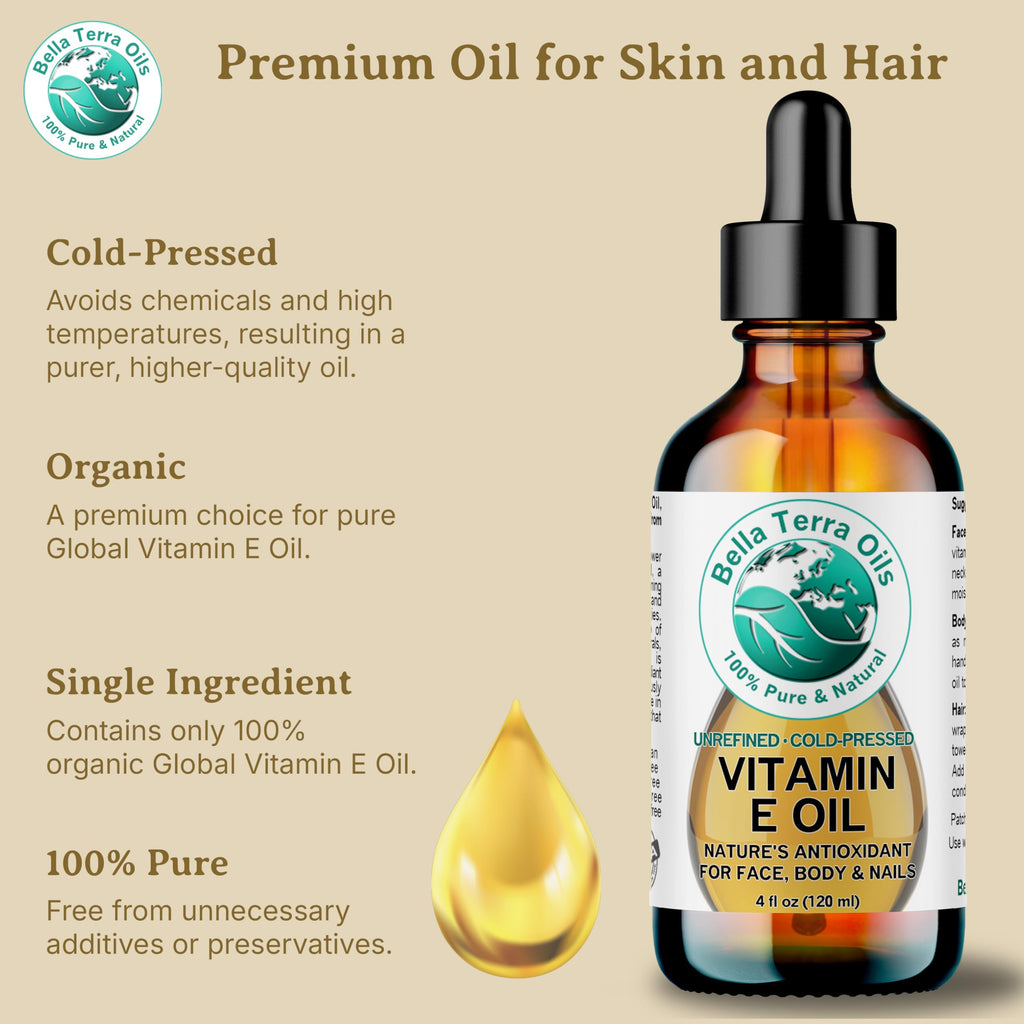 Bella Terra Oils Organic Vitamin E Oil 4 oz — D-Alpha Tocopherol Rich for Face & Body