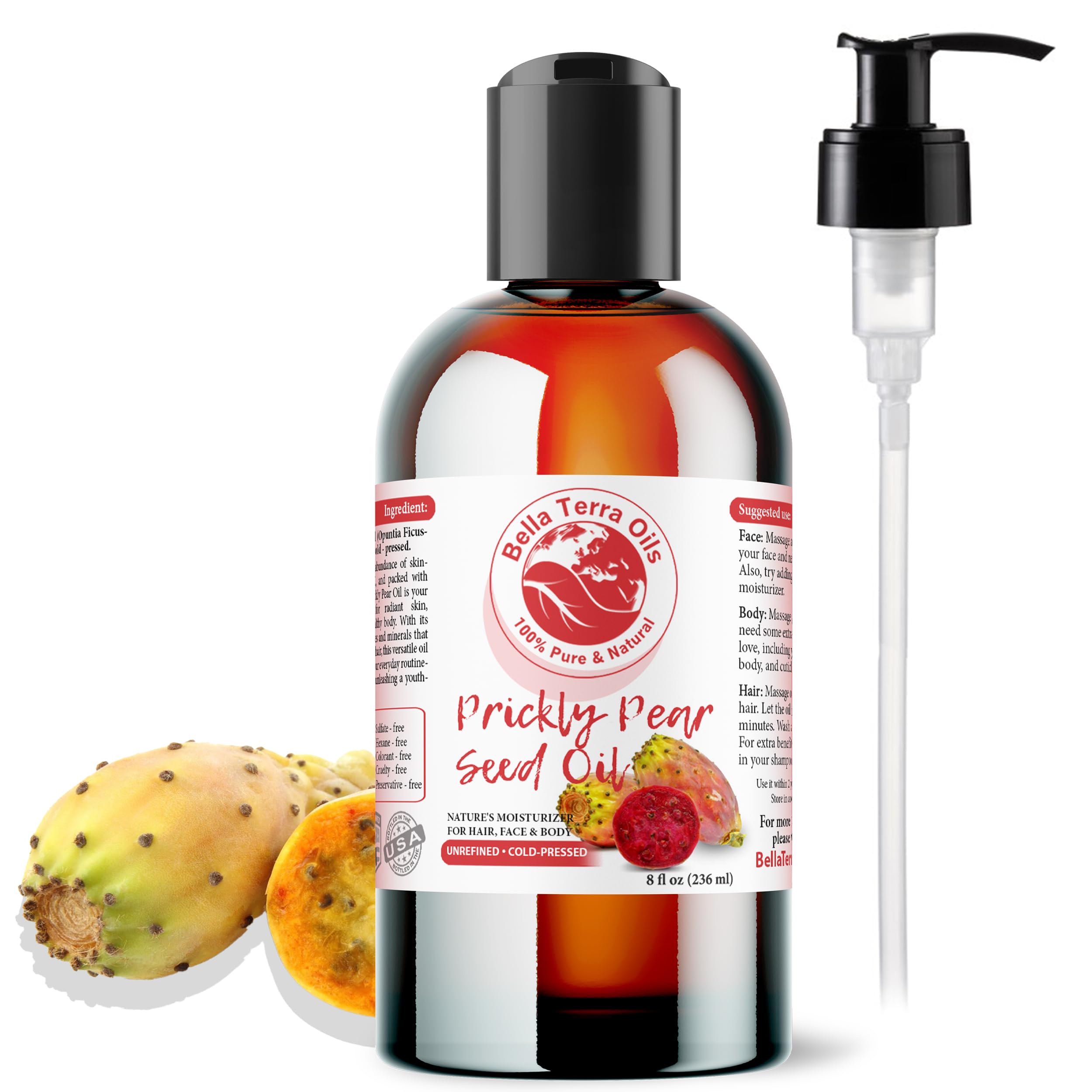 Bella Terra Oils - Prickly Pear Seed Oil 8 oz | Pure Cactus Seed Extract & Vitamin-Rich Skin