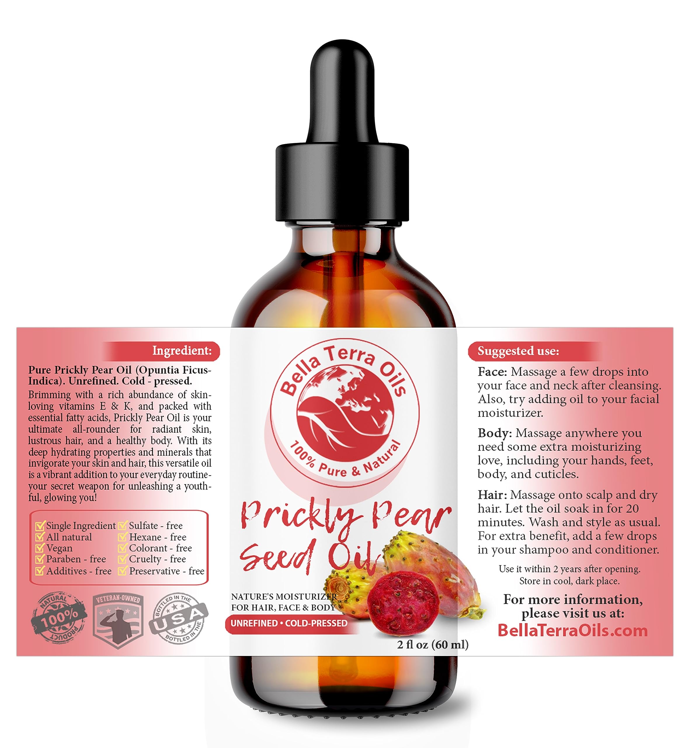Bella Terra Oils - Prickly Pear Seed Oil 2oz | Vitamin A & Magnesium Rich Skincare