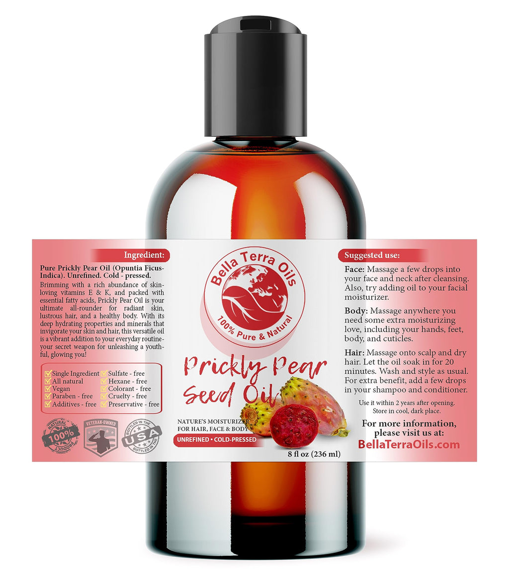 Bella Terra Oils - Prickly Pear Seed Oil 8 oz | Pure Cactus Seed Extract & Vitamin-Rich Skin