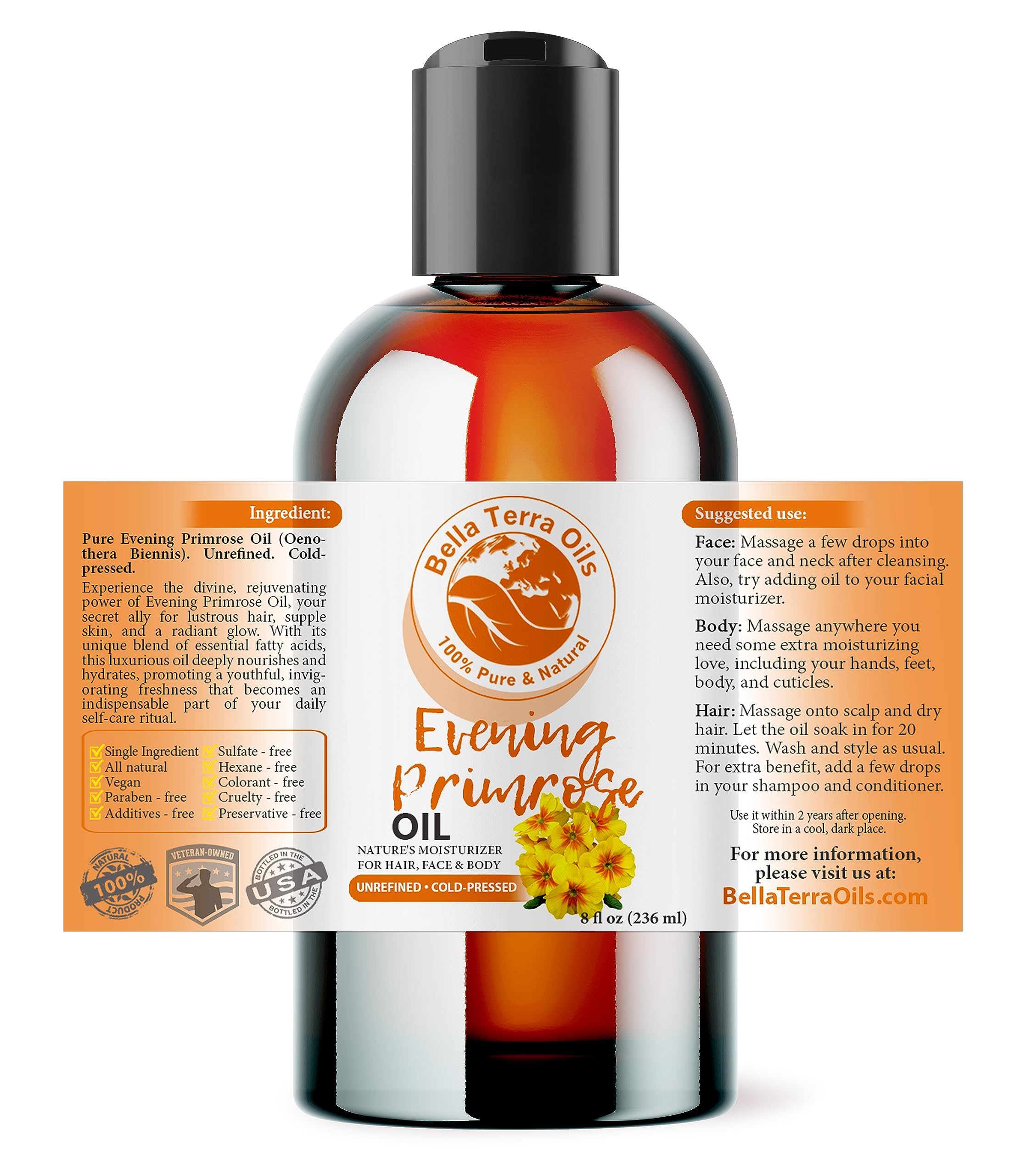 Bella Terra Oils Organic Evening Primrose Oil 8 oz | Pure Primrose with GLA