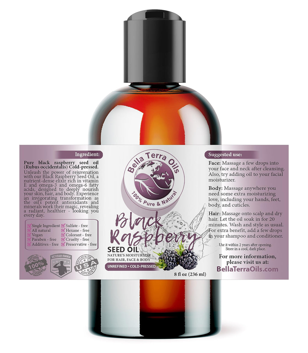 Bella Terra Oils - Black Raspberry Seed Oil 8oz - Embrace the Cosmetic Wonder of Raspberry Seed & Black Seed Oil Fusion, Replete with Tocopherols & Tocotrienols
