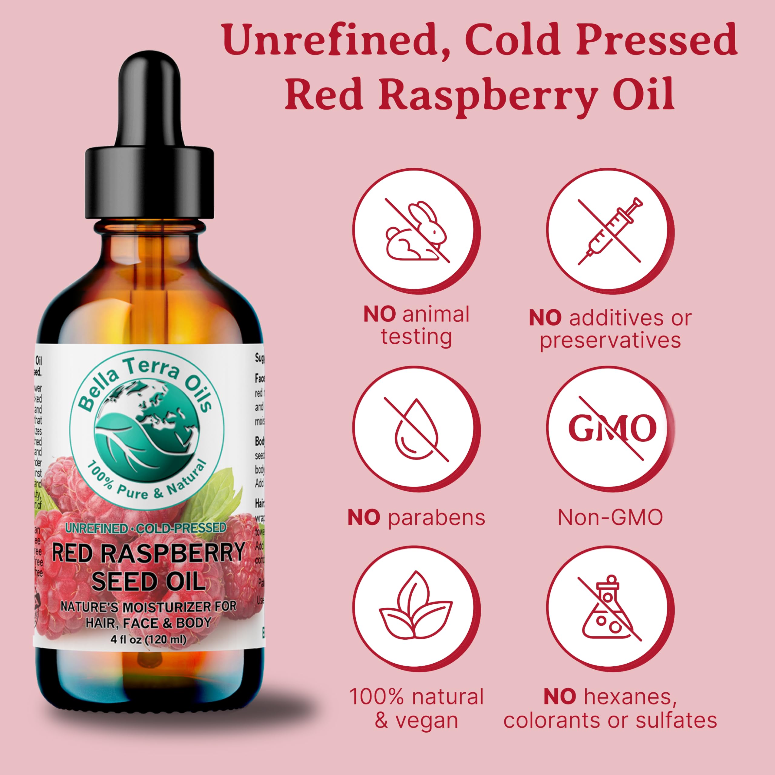 Bella Terra Oils Red Raspberry Seed Oil 8 oz — Cold-Pressed Omega-3, 6 & 9 for Radiant Skin
