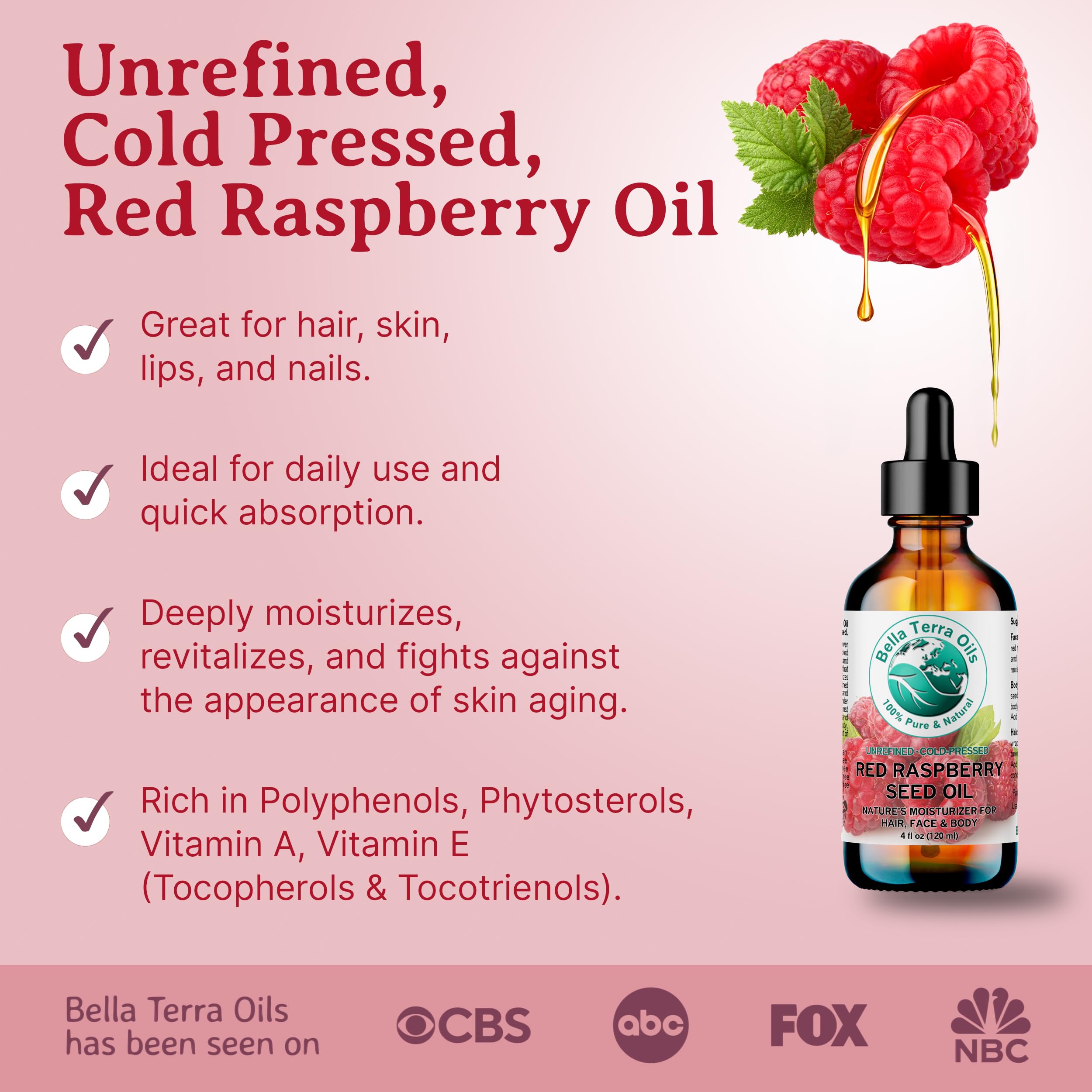 Bella Terra Oils Red Raspberry Seed Oil 8 oz — Cold-Pressed Omega-3, 6 & 9 for Radiant Skin