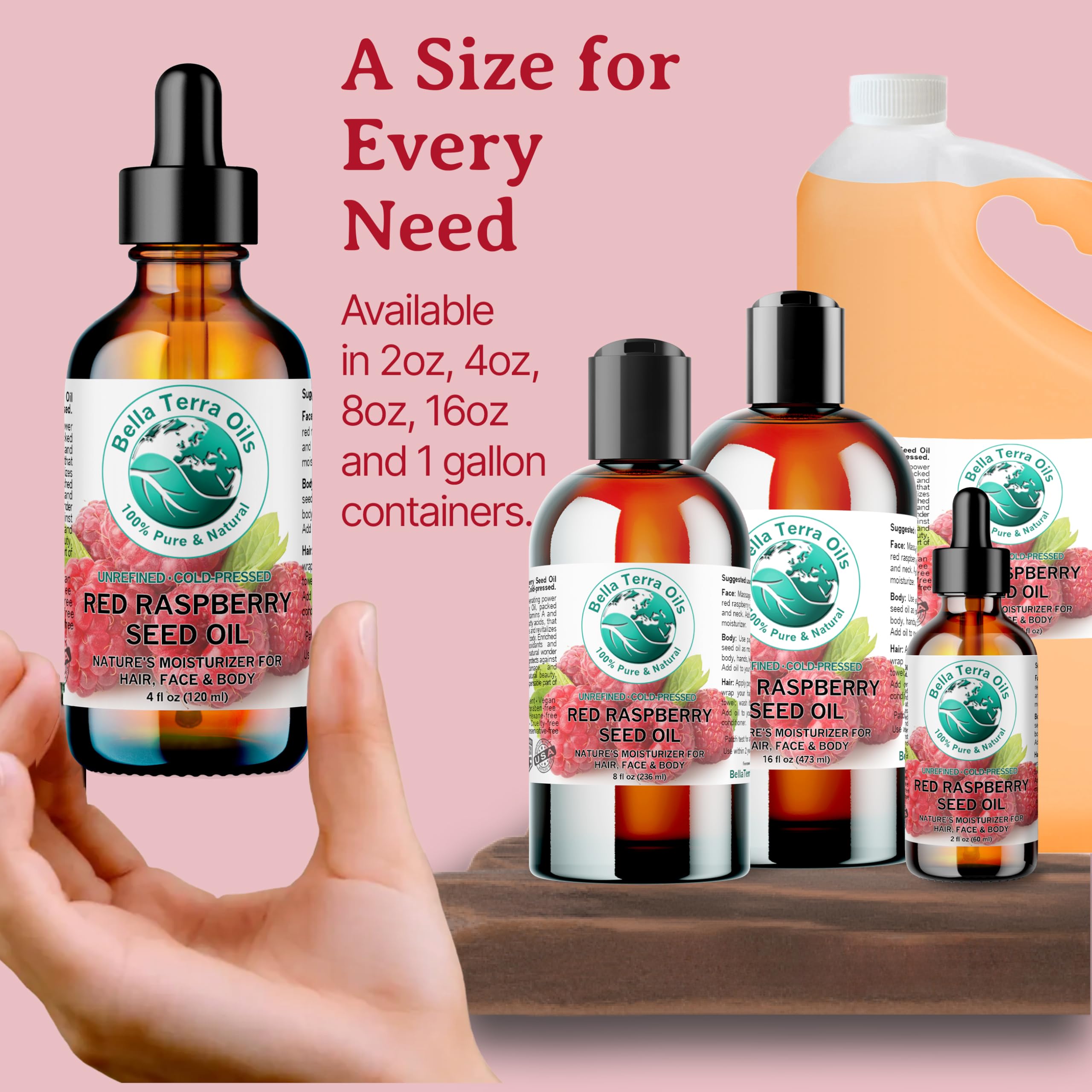 Bella Terra Oils Red Raspberry Seed Oil 8 oz — Cold-Pressed Omega-3, 6 & 9 for Radiant Skin