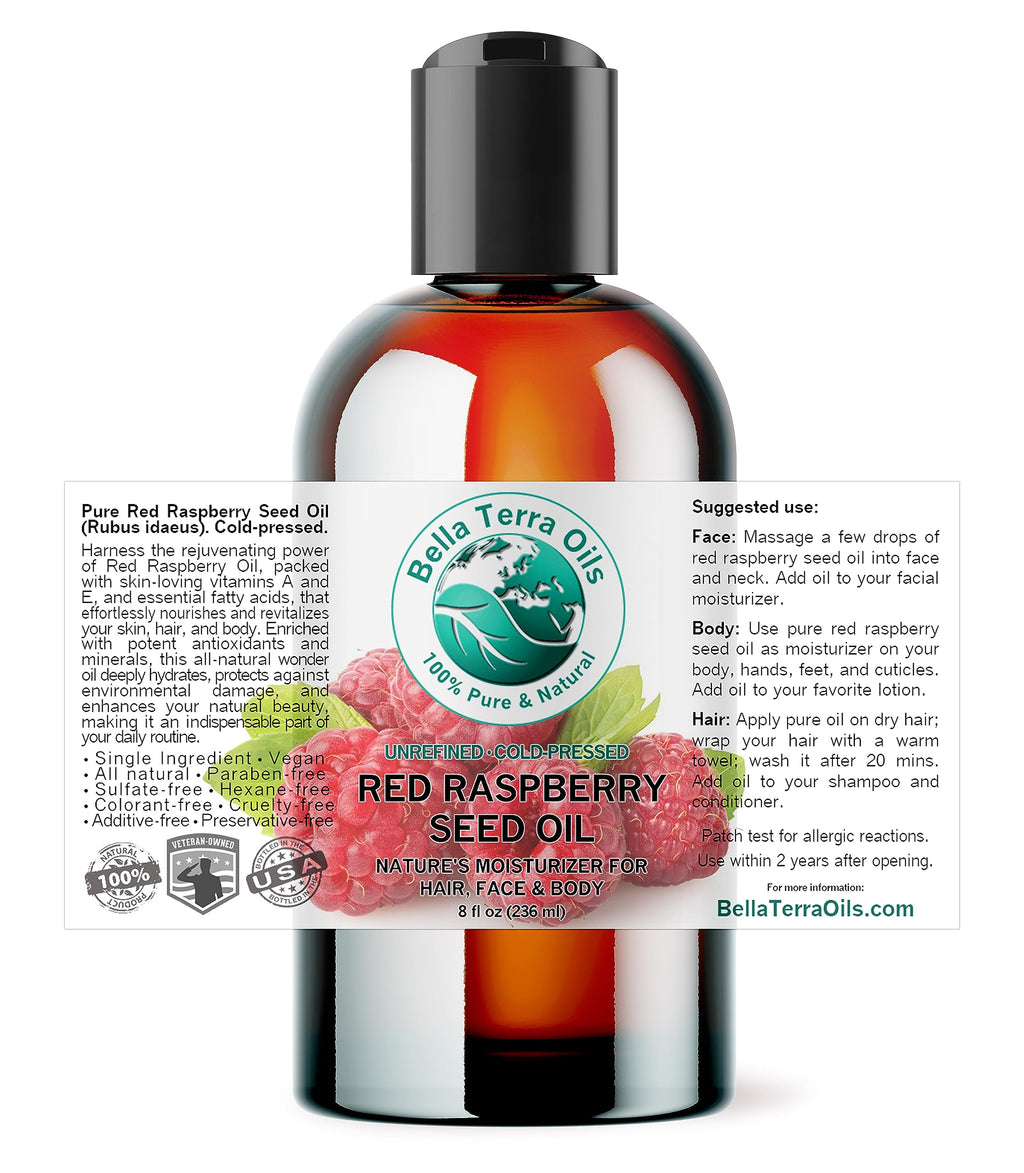 Bella Terra Oils Red Raspberry Seed Oil 8 oz — Cold-Pressed Omega-3, 6 & 9 for Radiant Skin