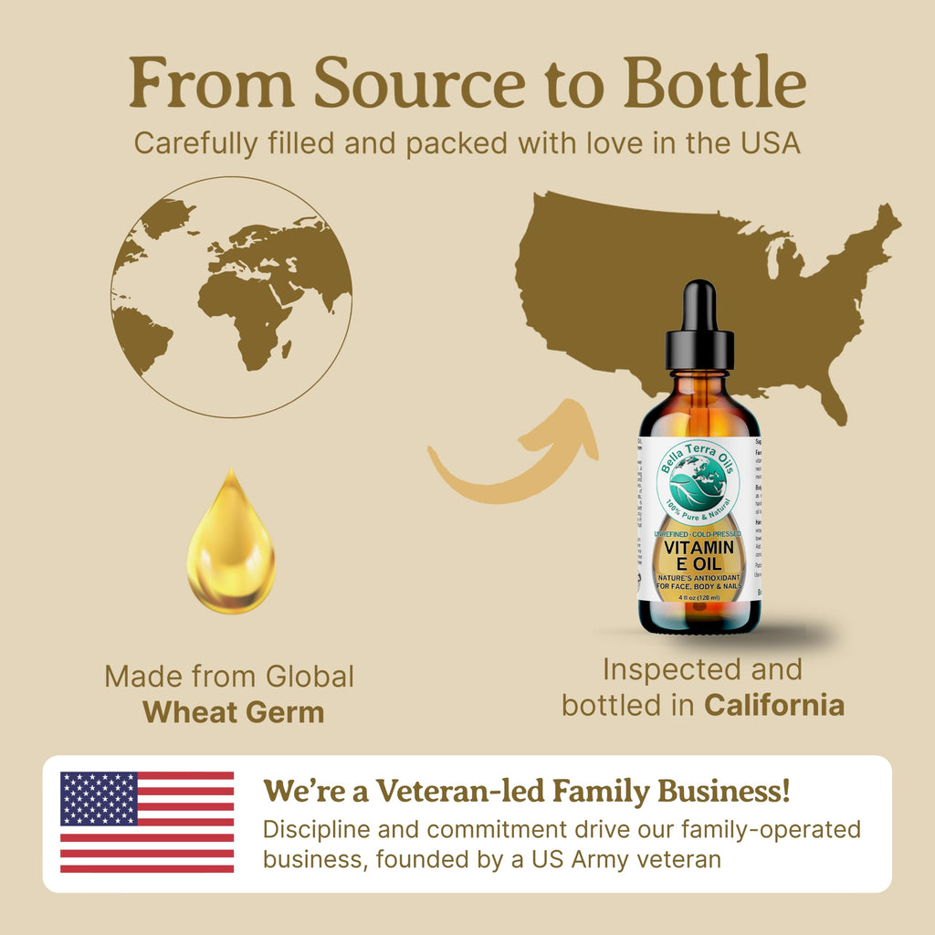 Bella Terra Oils Organic Vitamin E Oil 4 oz — D-Alpha Tocopherol Rich for Face & Body