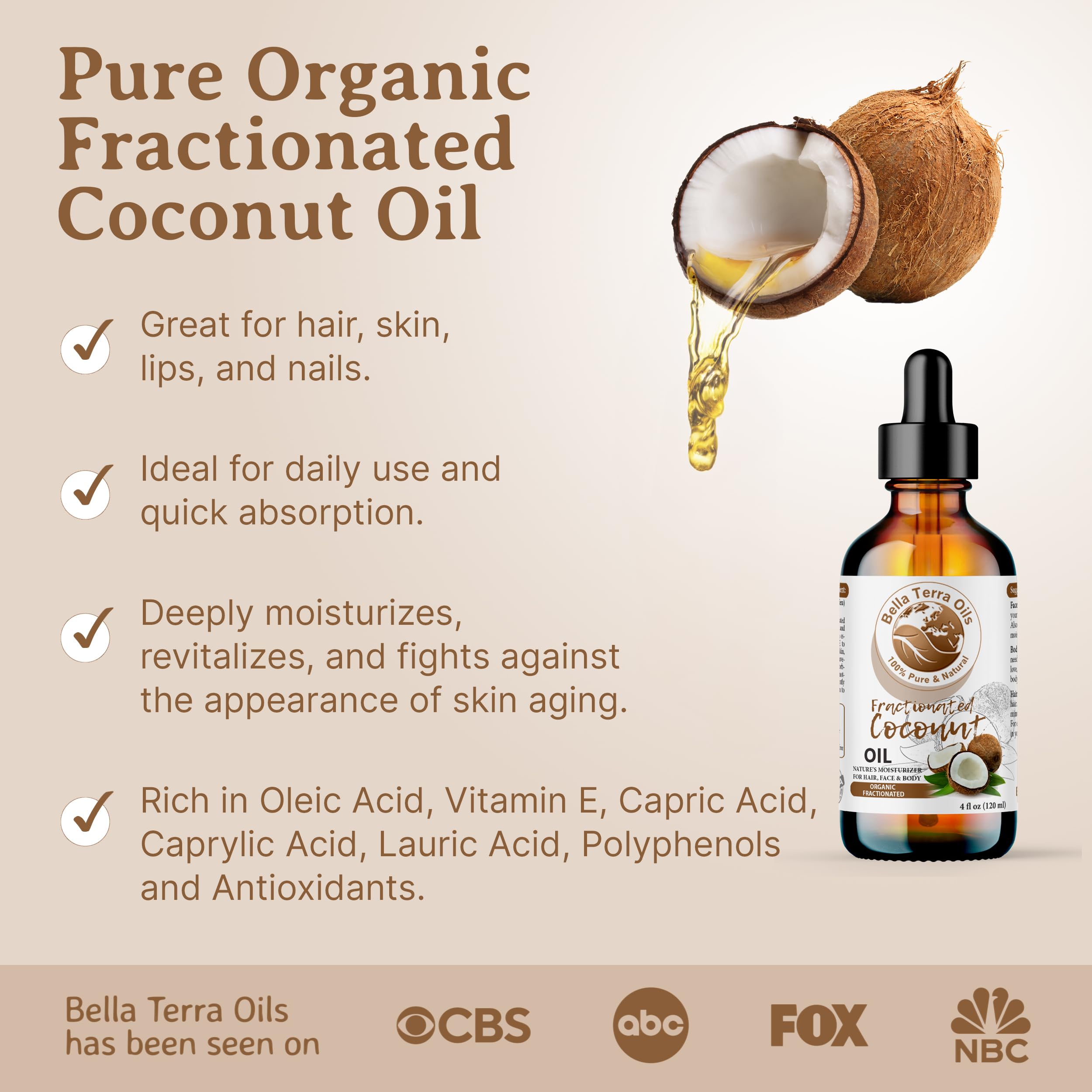 Bella Terra Oils - Organic Fractionated Coconut Oil (MCT) 4oz | Pure Coconut Essence, Rich in Capric & Lauric Acids