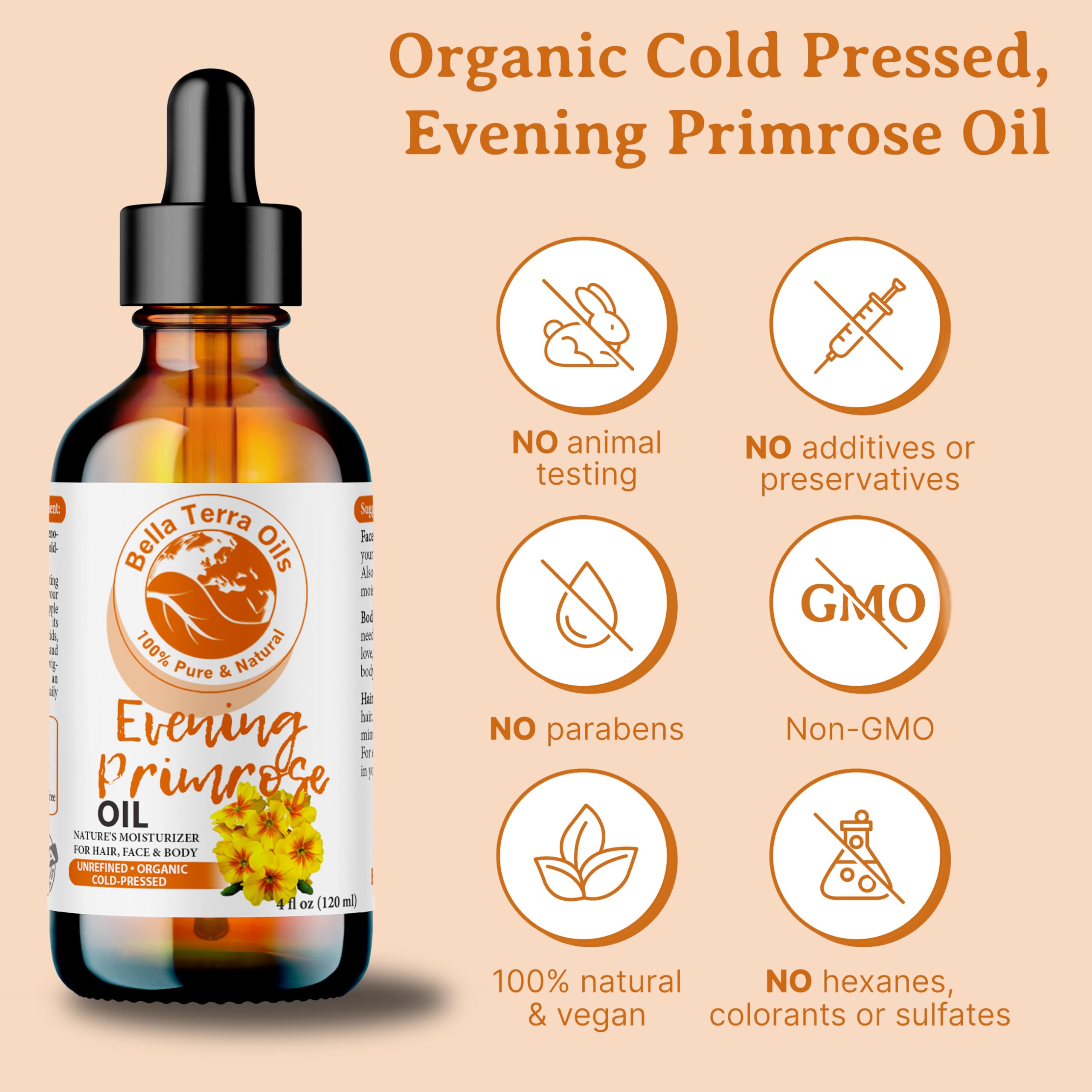Bella Terra Oils Organic Evening Primrose Oil 8 oz | Pure Primrose with GLA