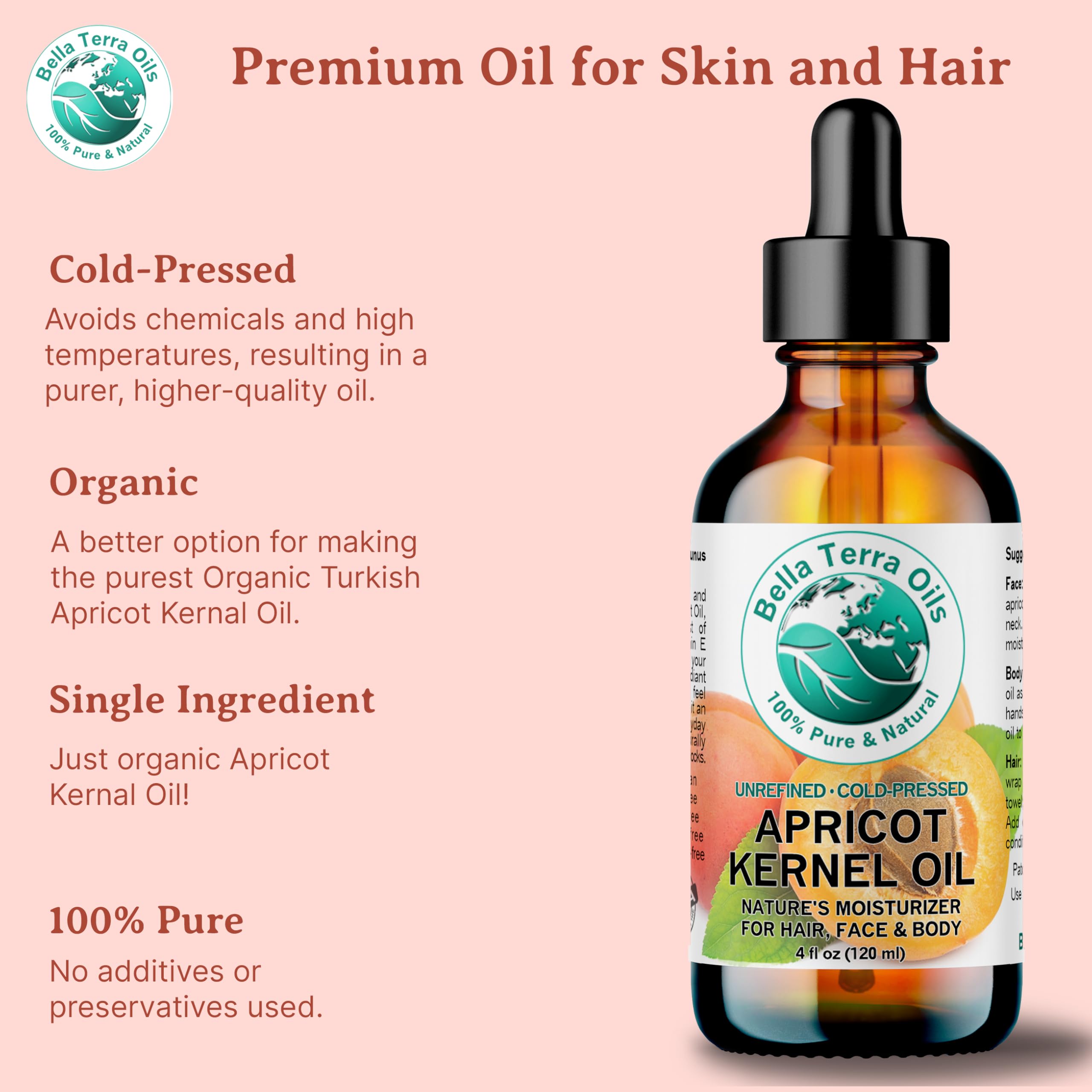 Bella Terra Oils - Organic Apricot Kernel Oil 16 oz | Cold-Pressed Carrier Oil for Skincare & Essential Oils