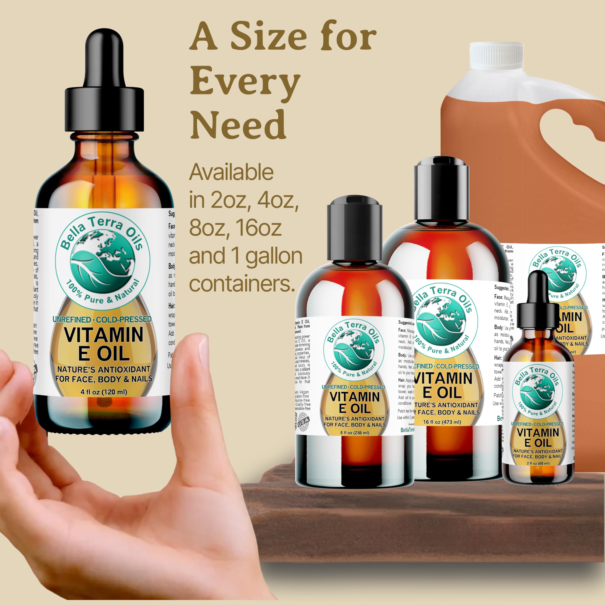 Bella Terra Oils Organic Vitamin E Oil 4 oz — D-Alpha Tocopherol Rich for Face & Body