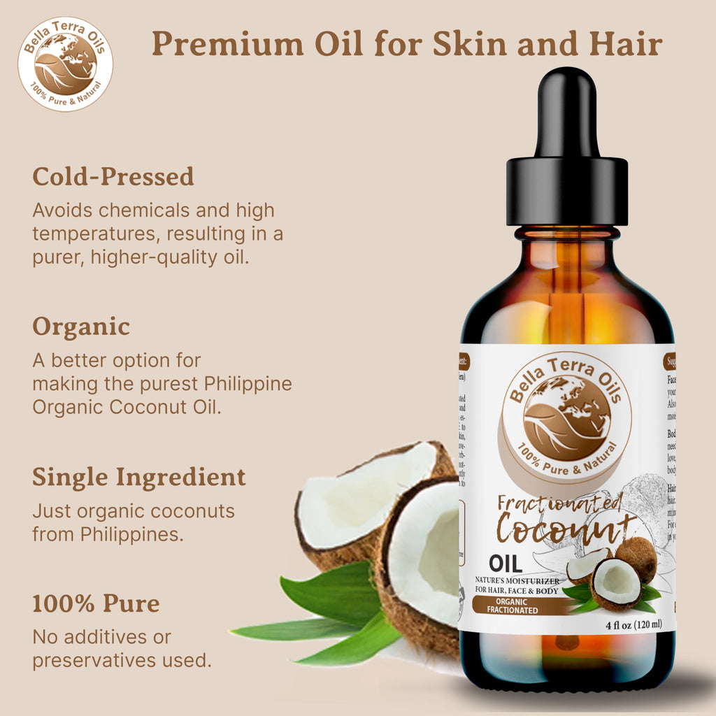 Bella Terra Oils - Organic Fractionated Coconut Oil (MCT) 4oz | Pure Coconut Essence, Rich in Capric & Lauric Acids