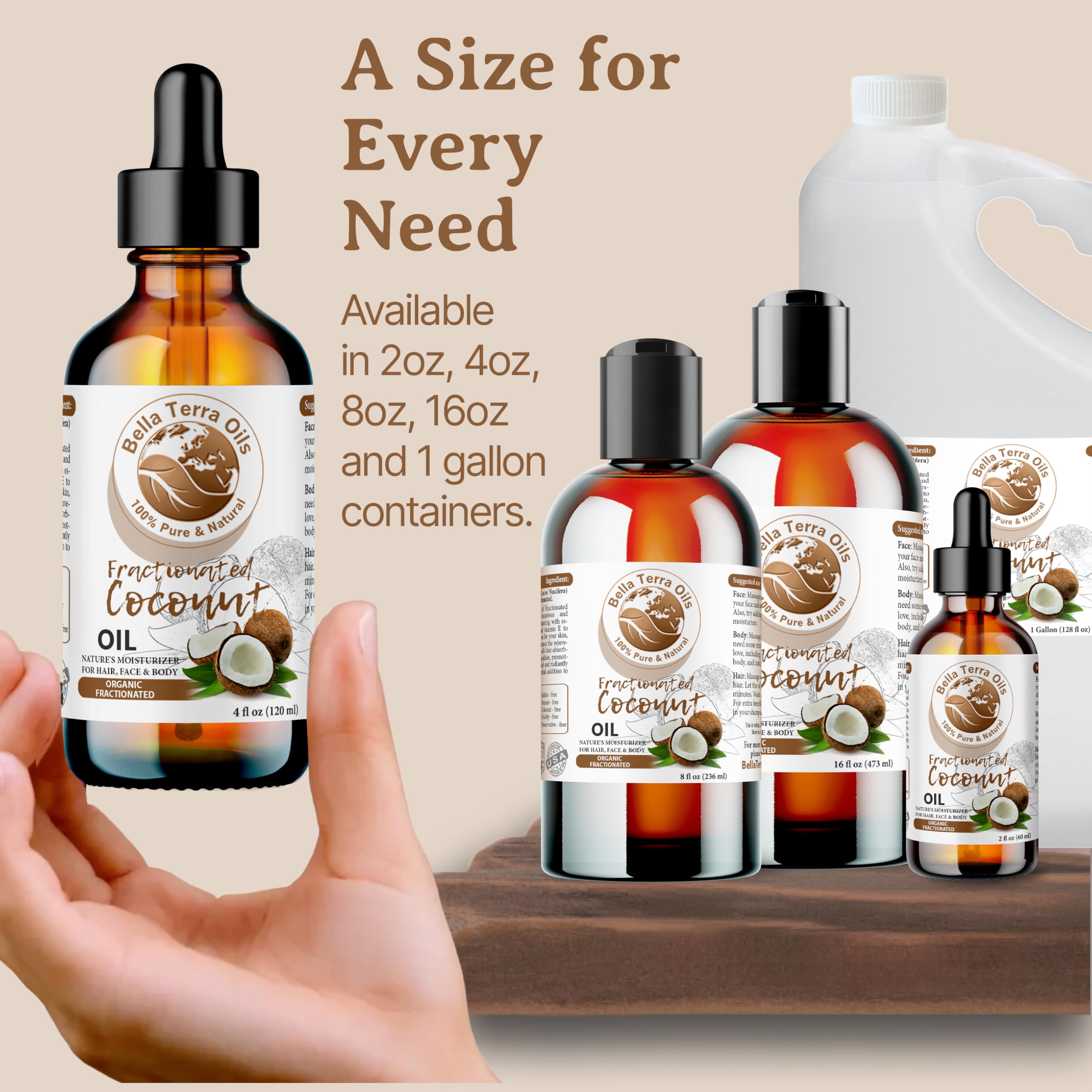 Bella Terra Oils - Organic Fractionated Coconut Oil (MCT) 4oz | Pure Coconut Essence, Rich in Capric & Lauric Acids