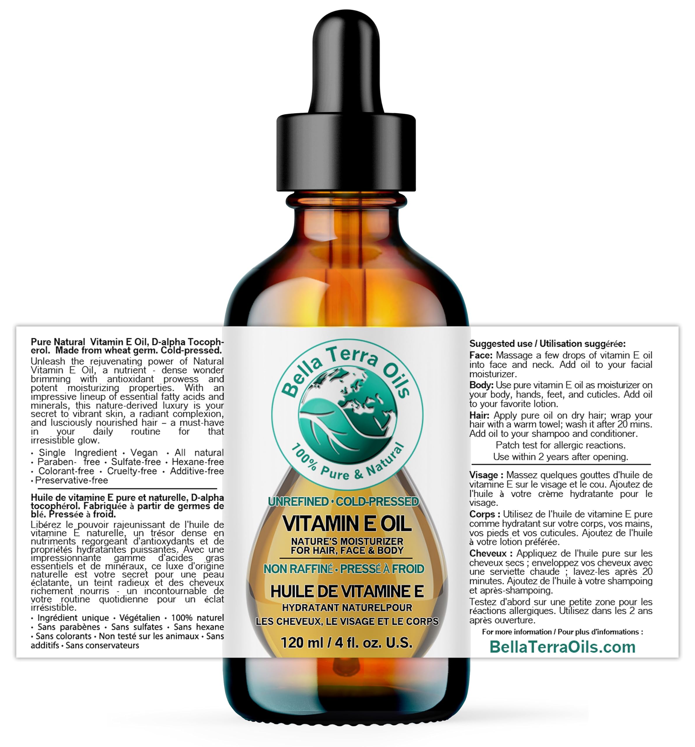 Bella Terra Oils Organic Vitamin E Oil 4 oz — D-Alpha Tocopherol Rich for Face & Body
