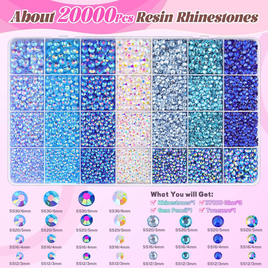 BELLEBOOST 20,000 Blue Resin Rhinestones Kit with 3 B7000 Glue for Crafting