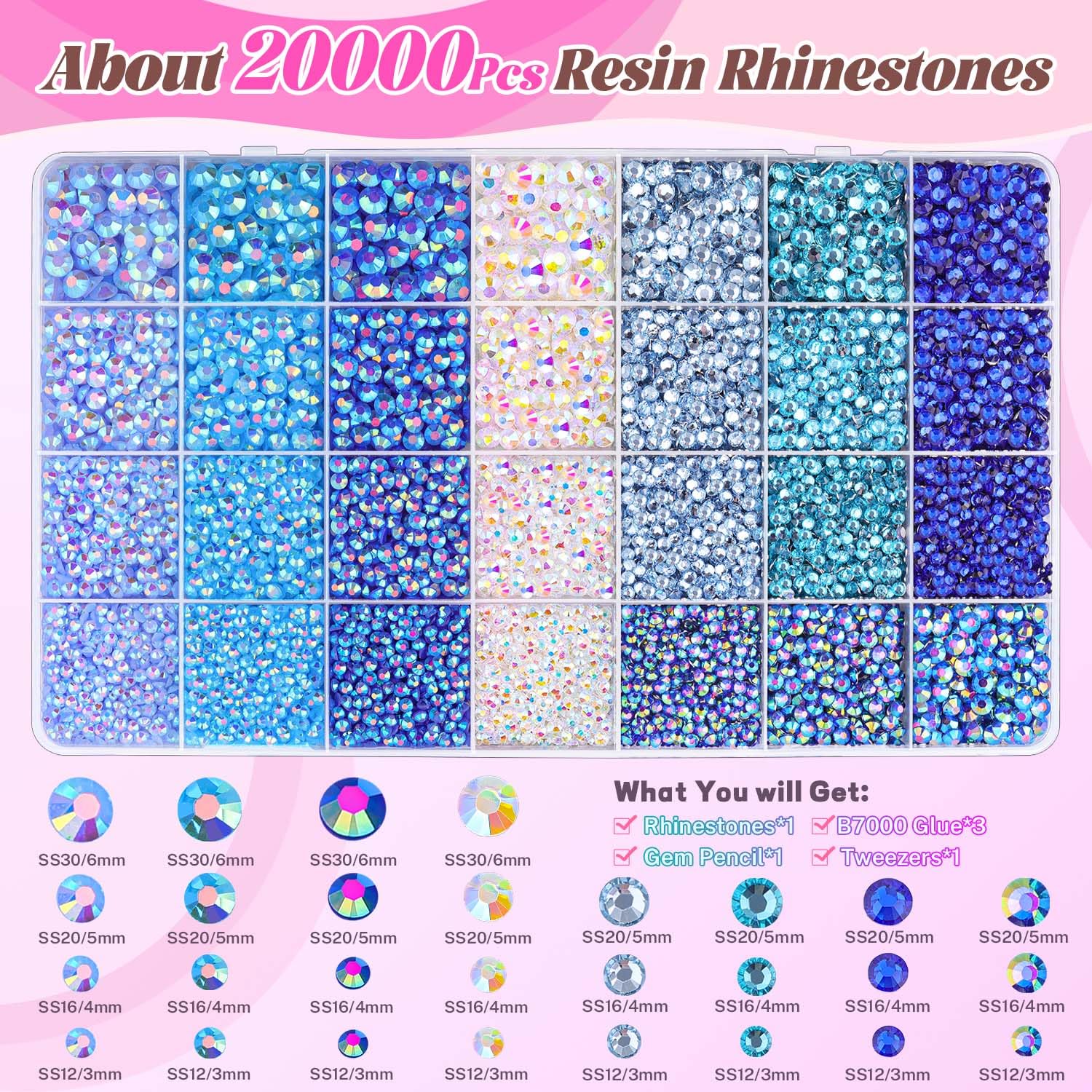 BELLEBOOST 20,000 Blue Resin Rhinestones Kit with 3 B7000 Glue for Crafting