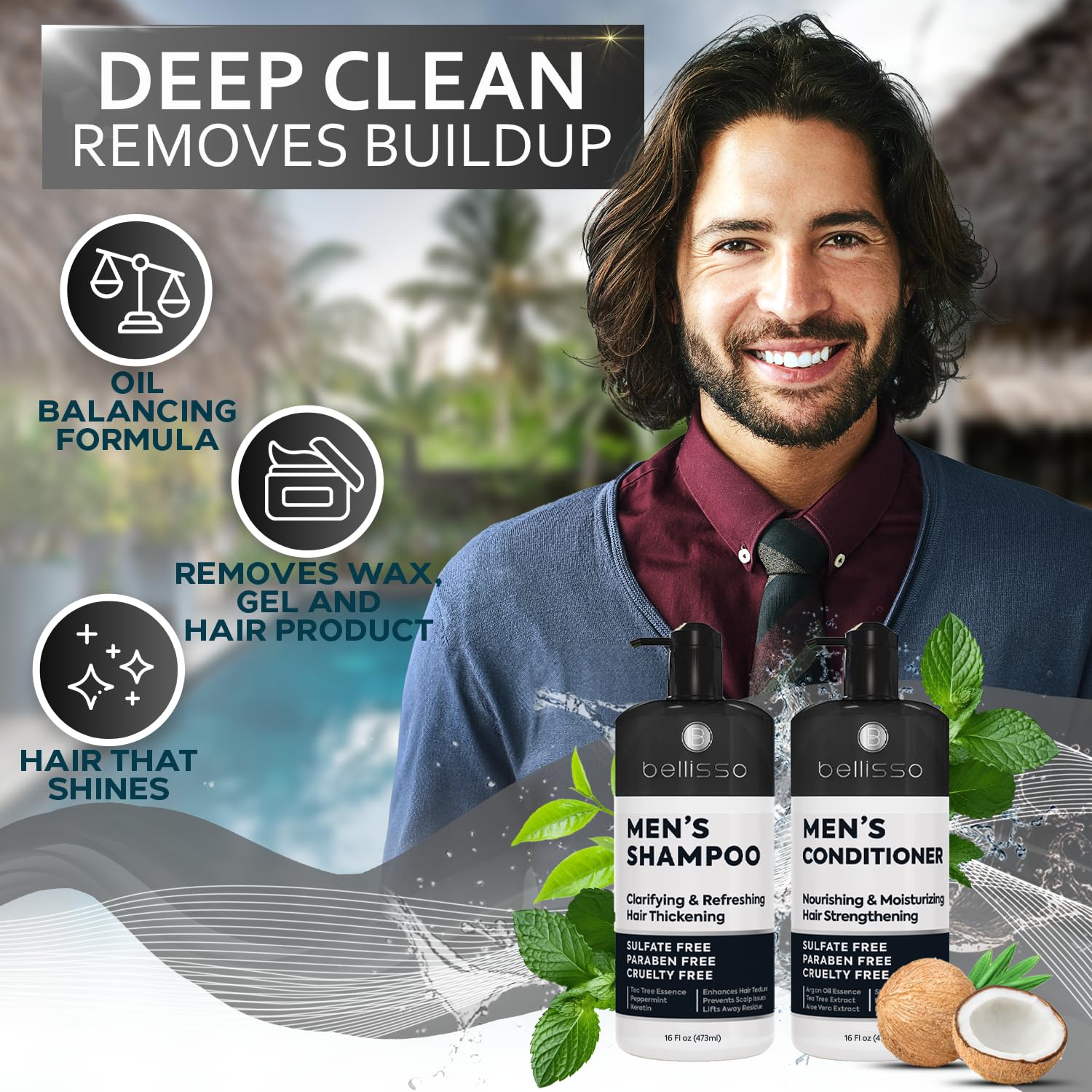 Bellisso Men's Shampoo & Conditioner Set — Sulfate Free, Clarifying, For Oily to Normal Hair