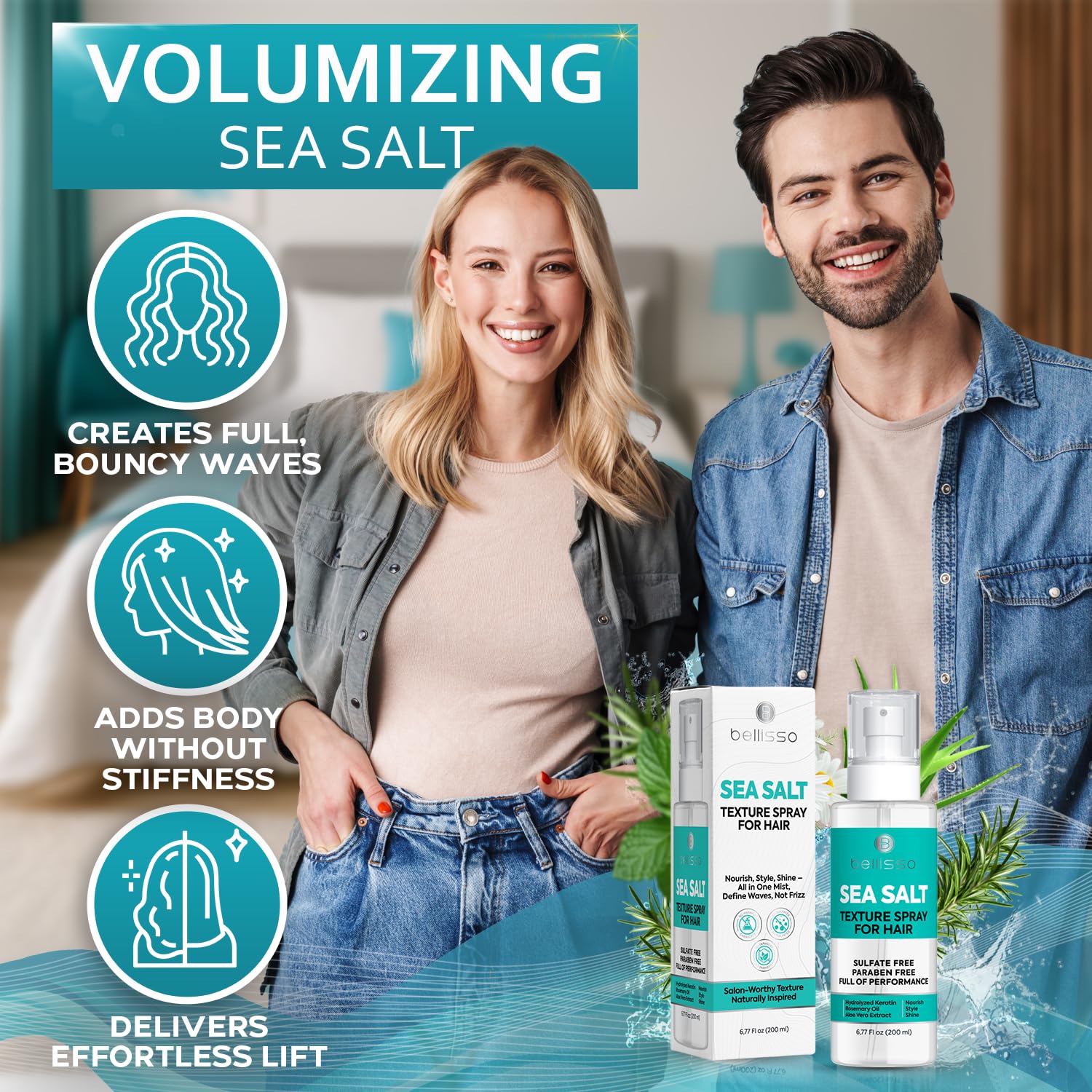 Bellisso Sea Salt Spray - Alcohol-Free, Lightweight Texture for Fine to Curly Hair | Travel Size