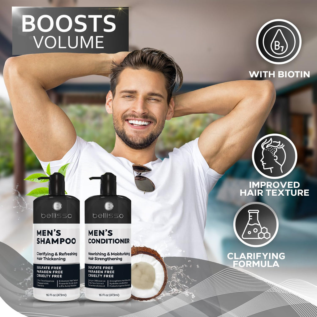 Bellisso Men's Shampoo & Conditioner Set — Sulfate Free, Clarifying, For Oily to Normal Hair