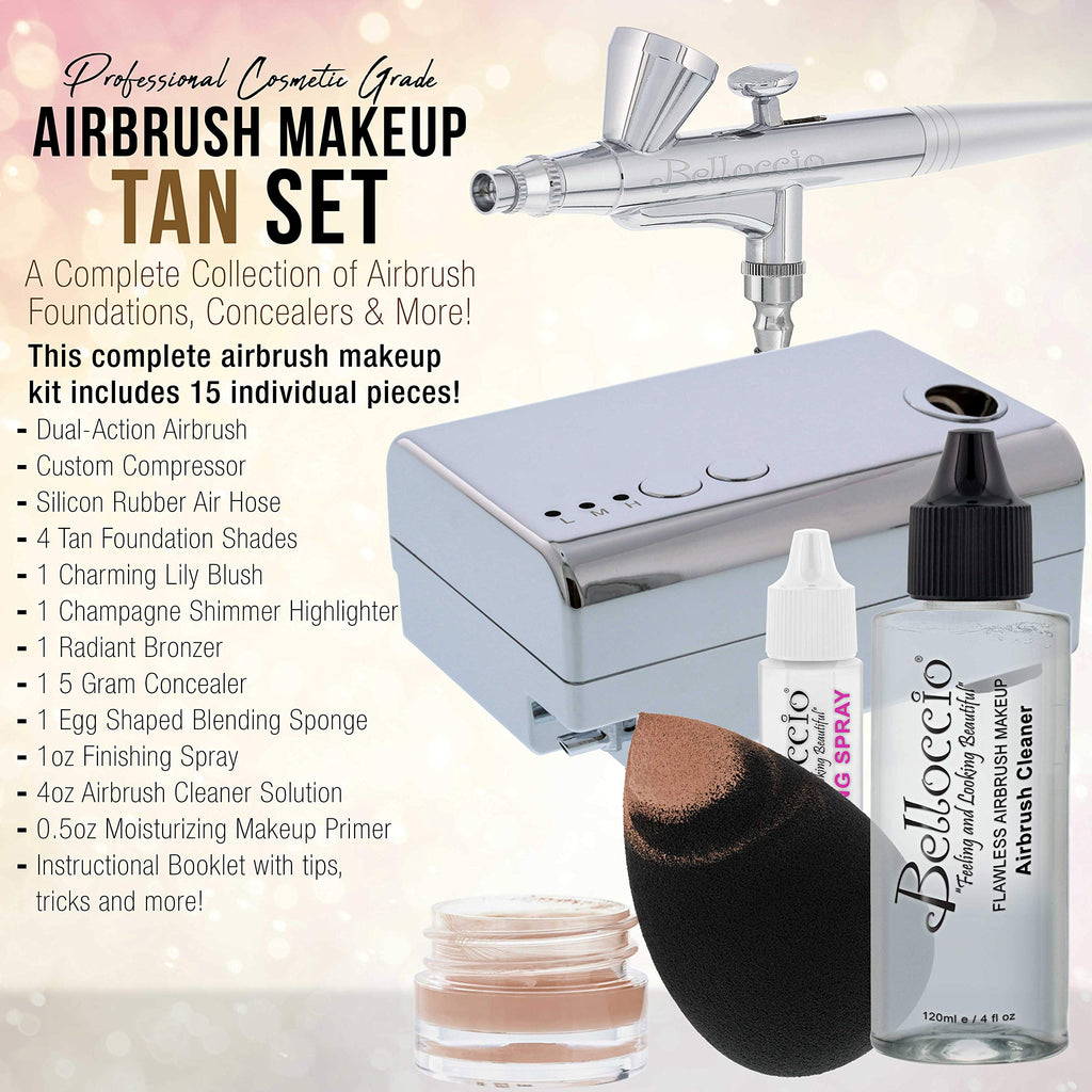 Belloccio Professional Beauty Airbrush System – 4 Tan Foundation Shades + Blush, Bronzer, Highlighter Kit