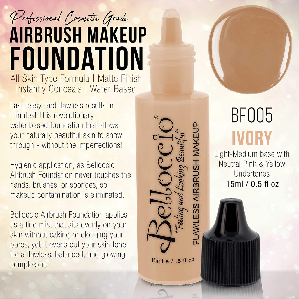 Belloccio Professional Airbrush Makeup Foundation Ivory – 1/2 oz (Light–Medium, Neutral Pink/Yellow Undertones)