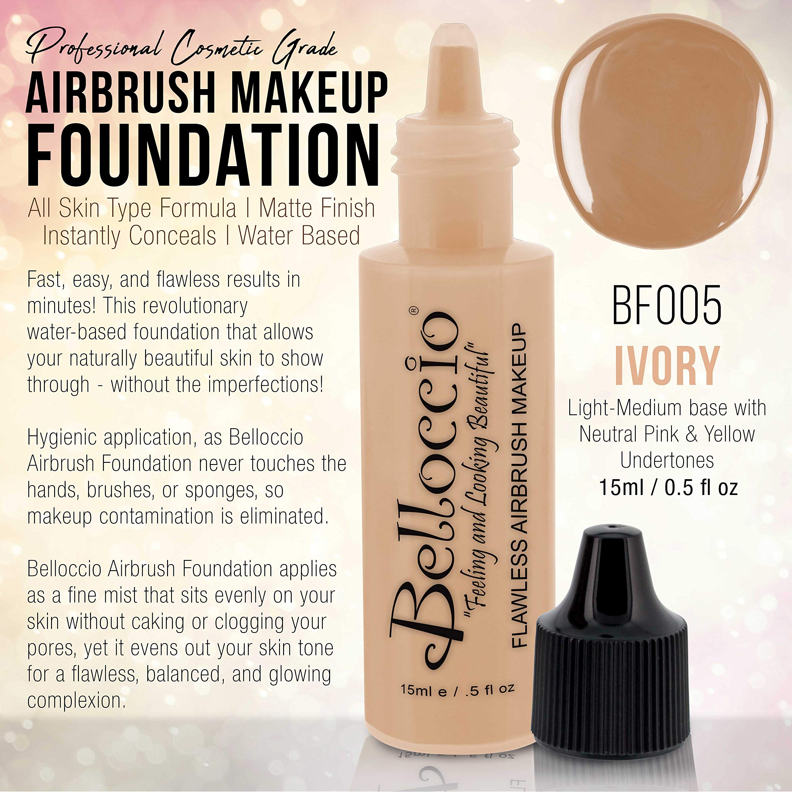 Belloccio Professional Airbrush Makeup Foundation Ivory – 1/2 oz (Light–Medium, Neutral Pink/Yellow Undertones)