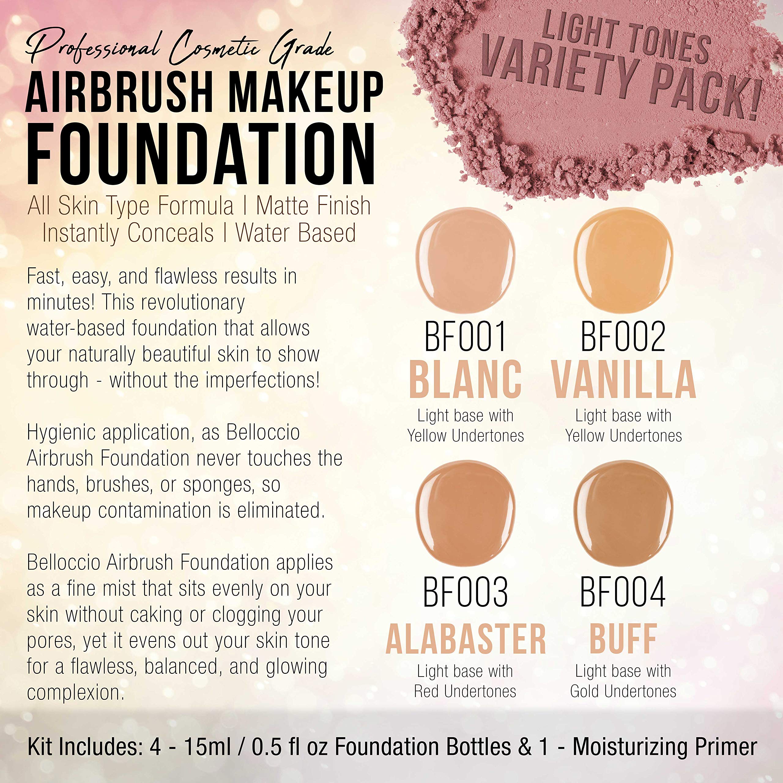 Belloccio Fair Color Shade Foundation Set – Professional Airbrush Makeup in 1/2 oz Bottles