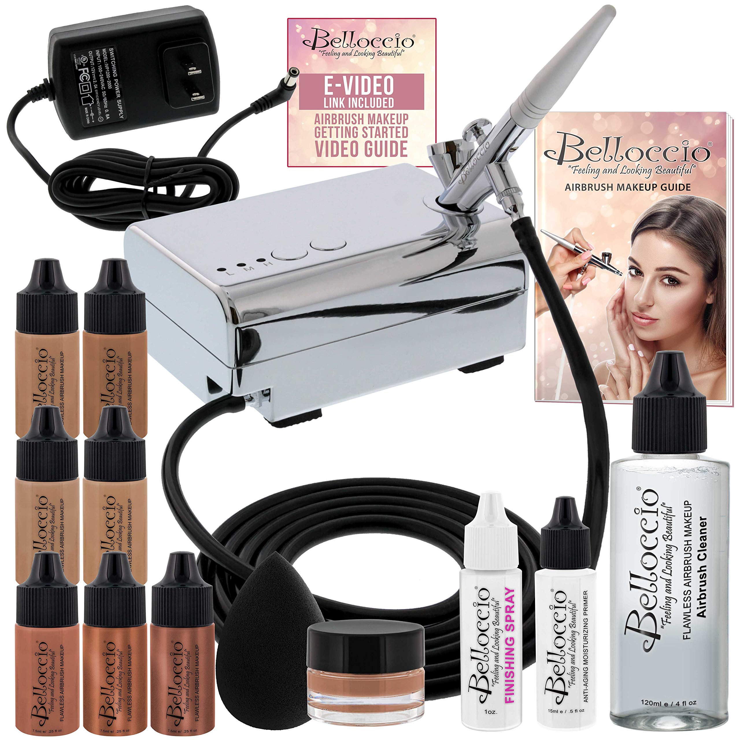 Belloccio Professional Beauty Airbrush System – 4 Tan Foundation Shades + Blush, Bronzer, Highlighter Kit
