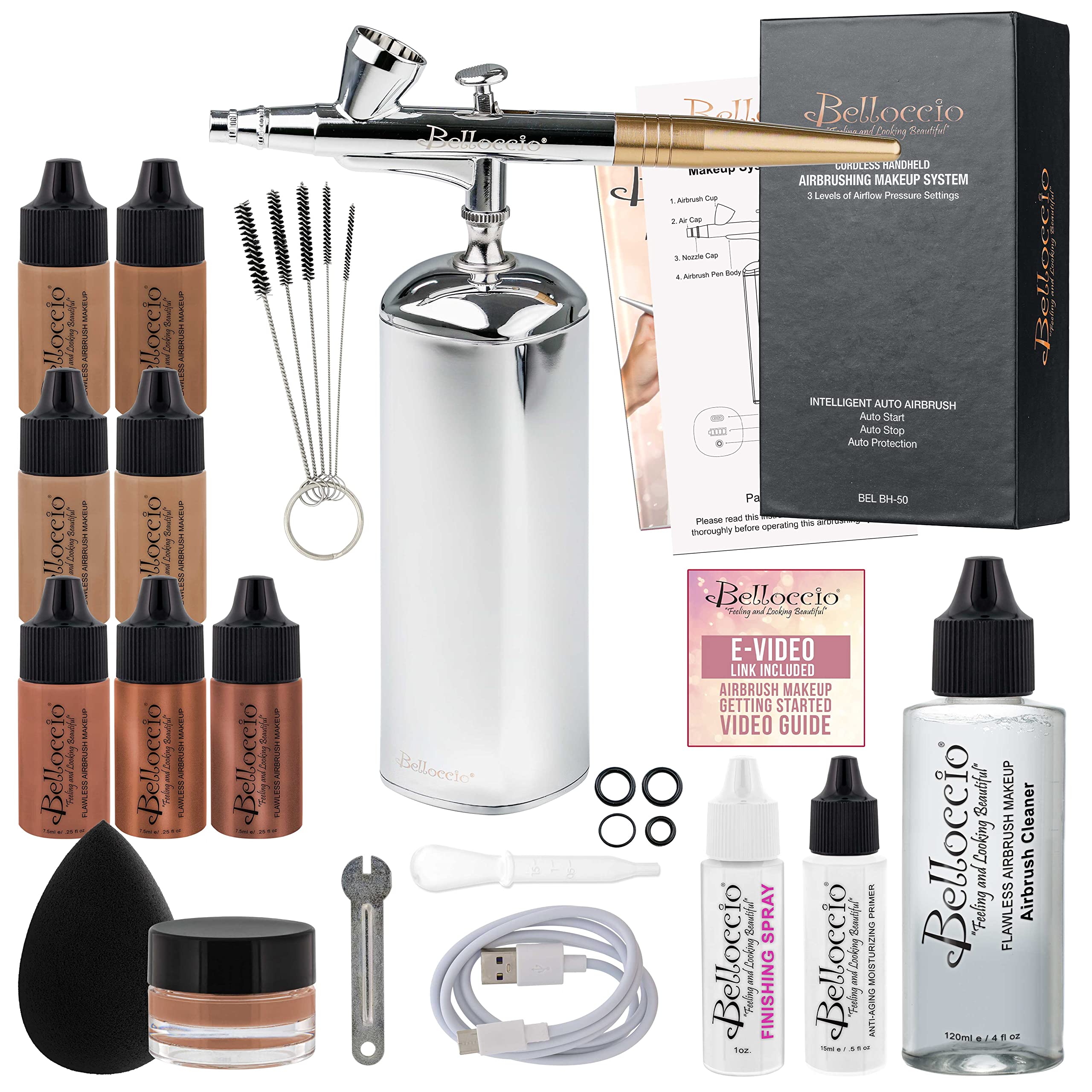 Belloccio Complete Cordless Airbrush Makeup System – 18-Piece Kit with 4 Tan Foundations