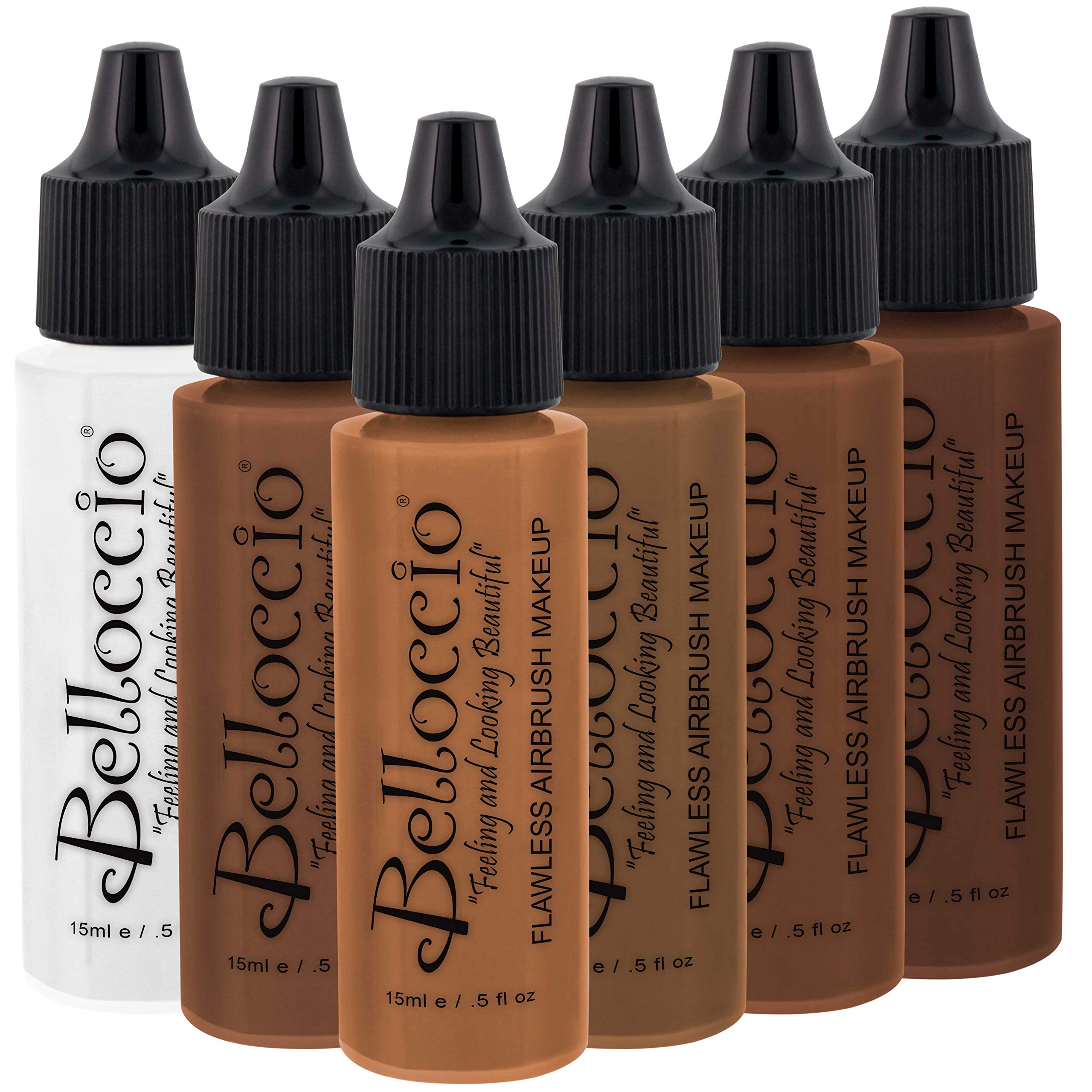 Belloccio Dark Color Shade Airbrush Makeup Foundation Set – 5 × 1/2 oz Pro Shades