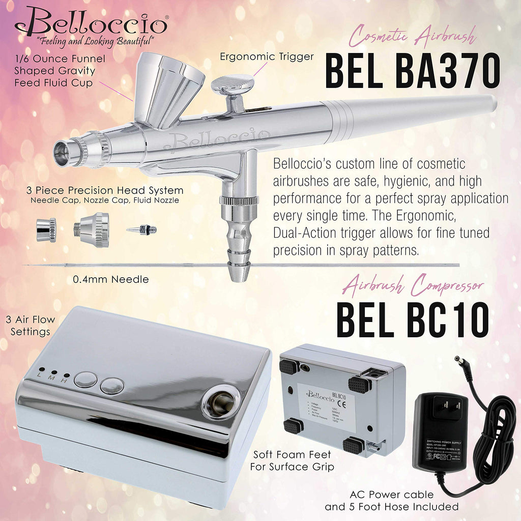 Belloccio Professional Beauty Airbrush System – 4 Tan Foundation Shades + Blush, Bronzer, Highlighter Kit