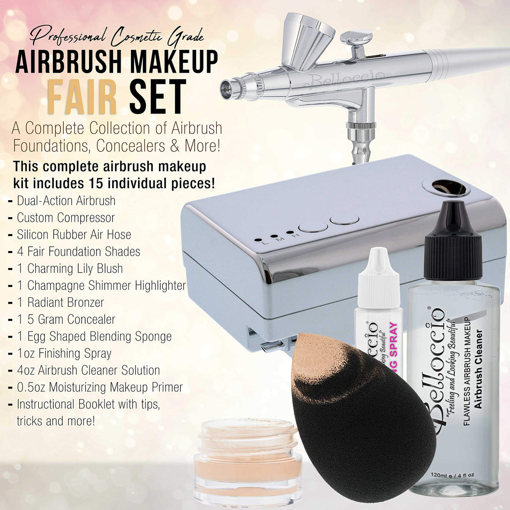 Belloccio Professional Airbrush Makeup System — Four 1/4 oz Foundation Shades + Primer, Blush, Bronzer & Highlighter Kit