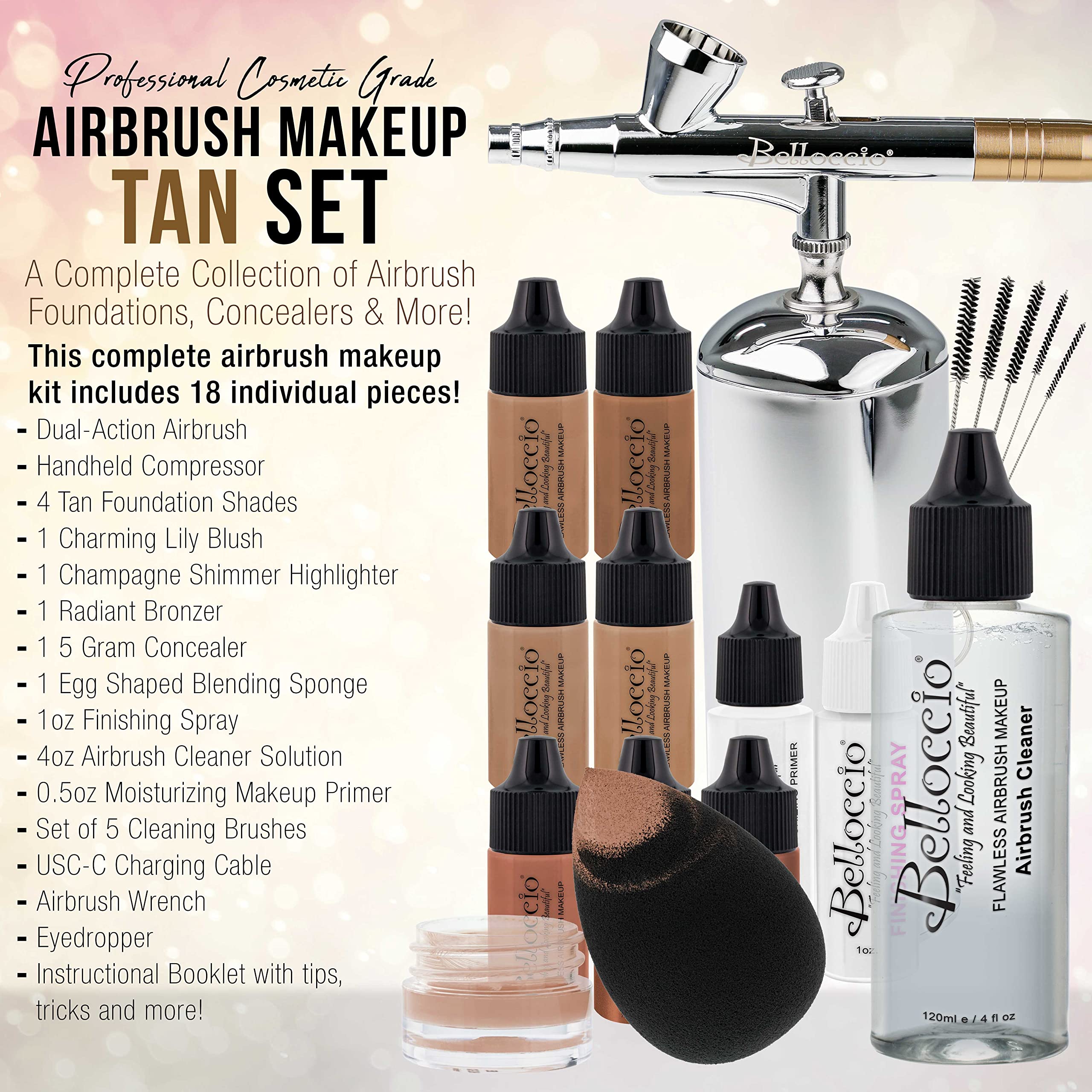 Belloccio Complete Cordless Airbrush Makeup System – 18-Piece Kit with 4 Tan Foundations