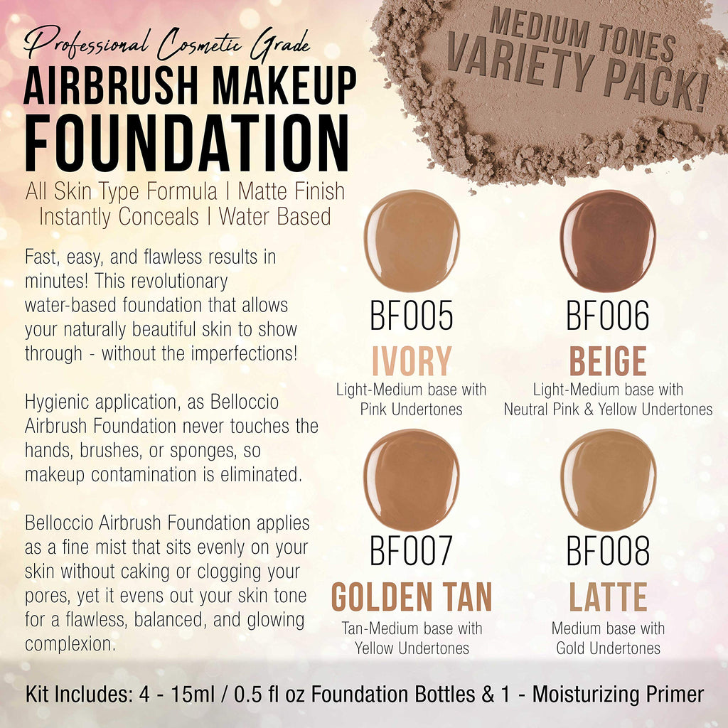 Belloccio Medium Color Shade Foundation Set — Airbrush Foundation with Primer