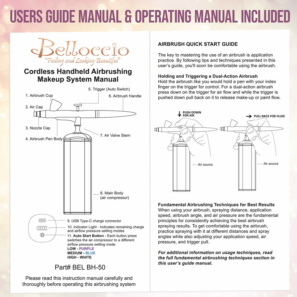 Belloccio Complete Cordless Airbrush Makeup System – 18-Piece Kit with 4 Tan Foundations