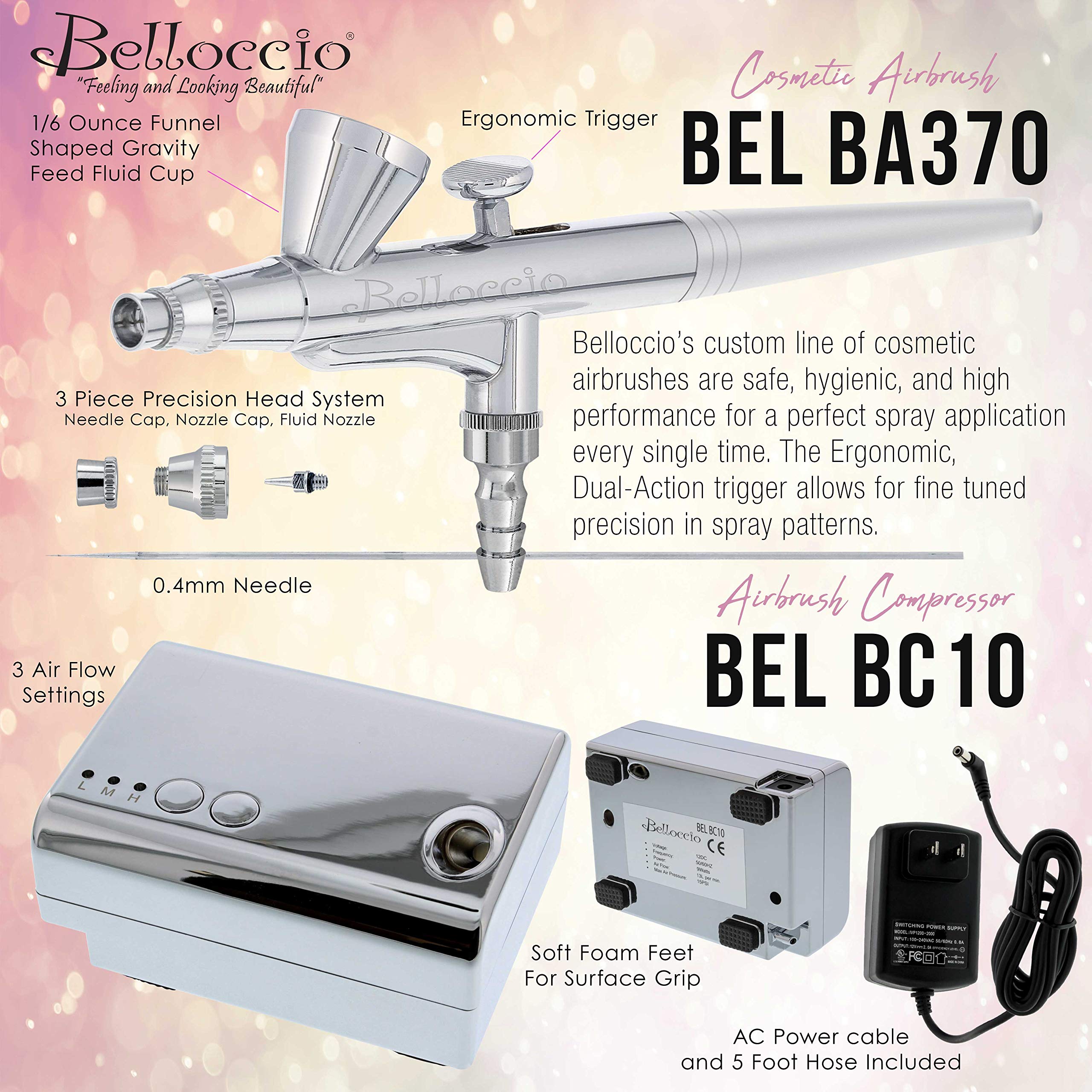 Belloccio Professional Airbrush Makeup System — Four 1/4 oz Foundation Shades + Primer, Blush, Bronzer & Highlighter Kit