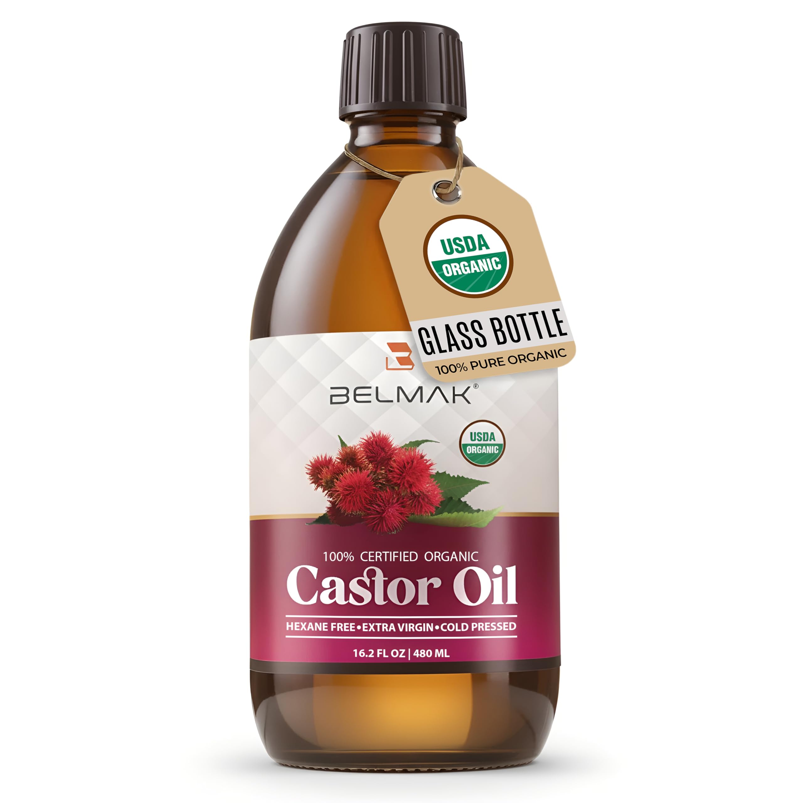 BELMAK Organic Castor Oil – Cold-Pressed, Unrefined, Hexane-Free, USDA Organic, 16.2 oz in Amber Glass