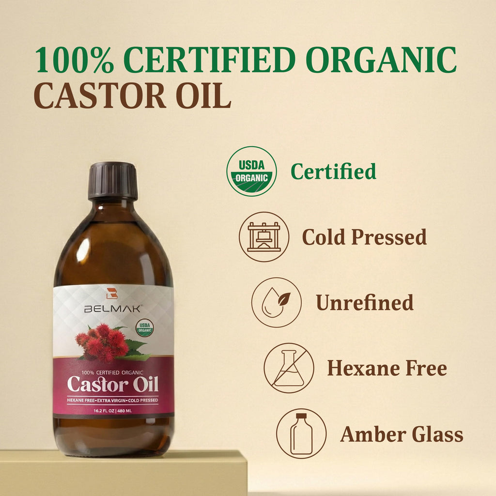 BELMAK Organic Castor Oil – Cold-Pressed, Unrefined, Hexane-Free, USDA Organic, 16.2 oz in Amber Glass