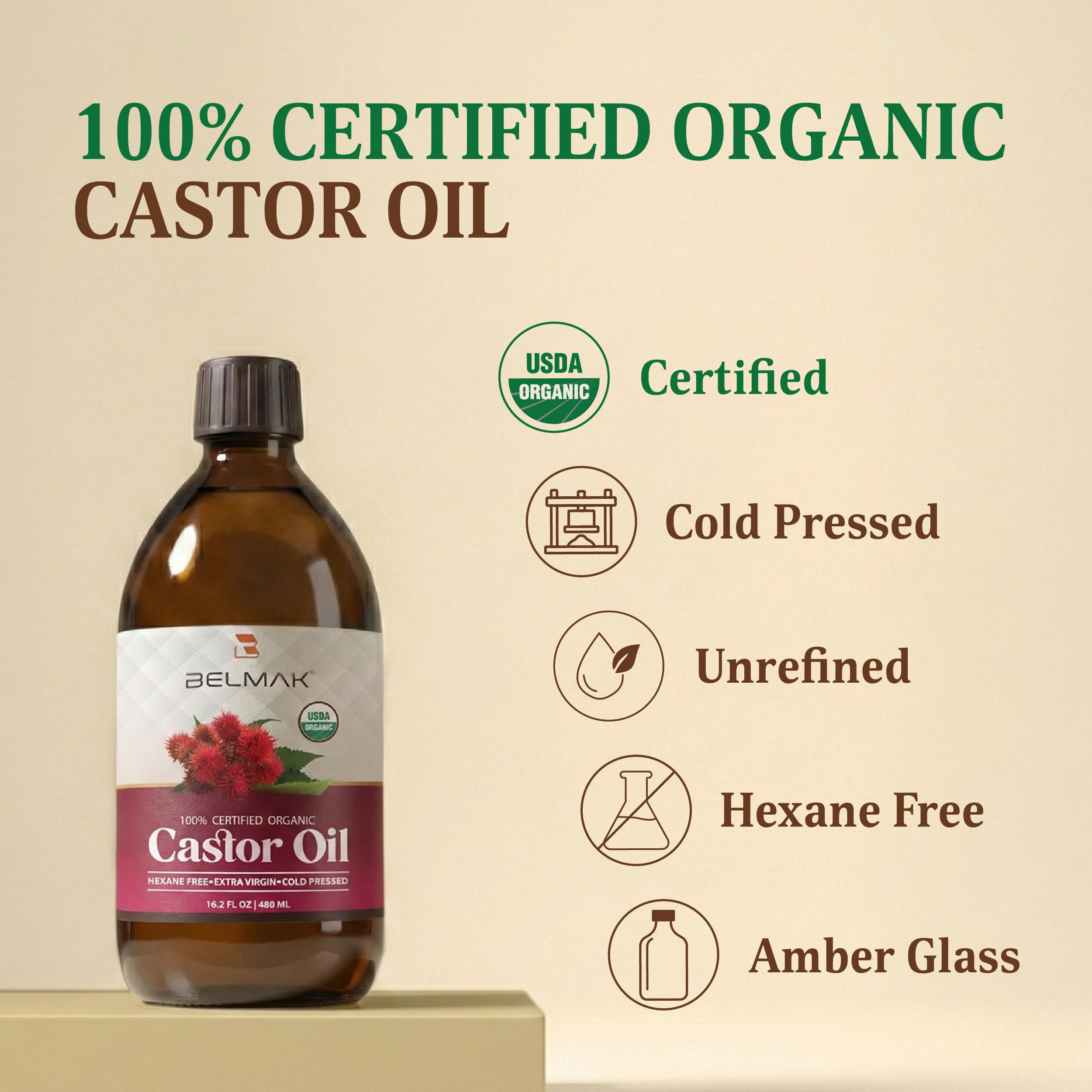 BELMAK Organic Castor Oil – Cold-Pressed, Unrefined, Hexane-Free, USDA Organic, 16.2 oz in Amber Glass