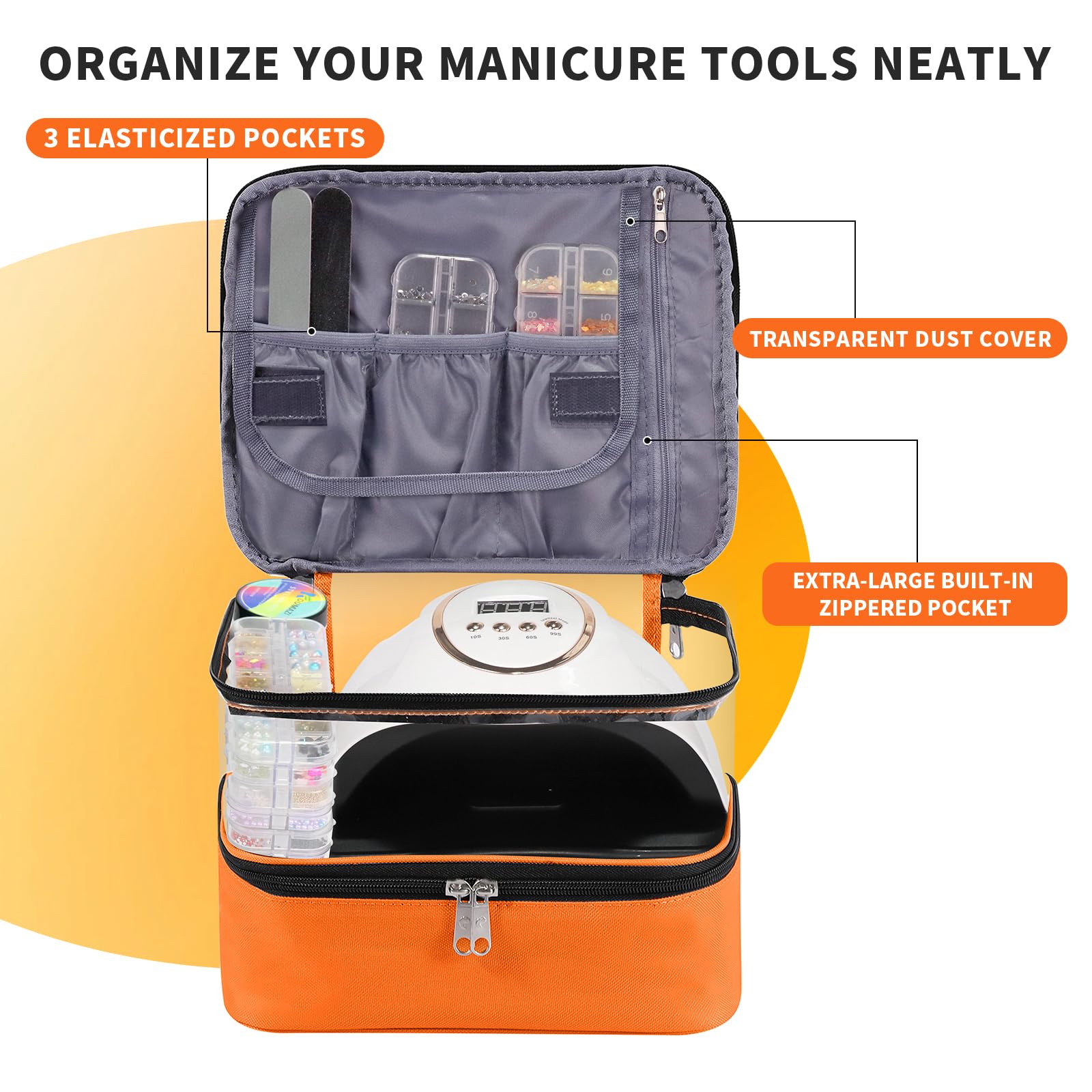 Beloving Clear Nail Polish Organizer – Double-Layer Case for 30 Bottles & Included Nail Dryer | Portable Orange