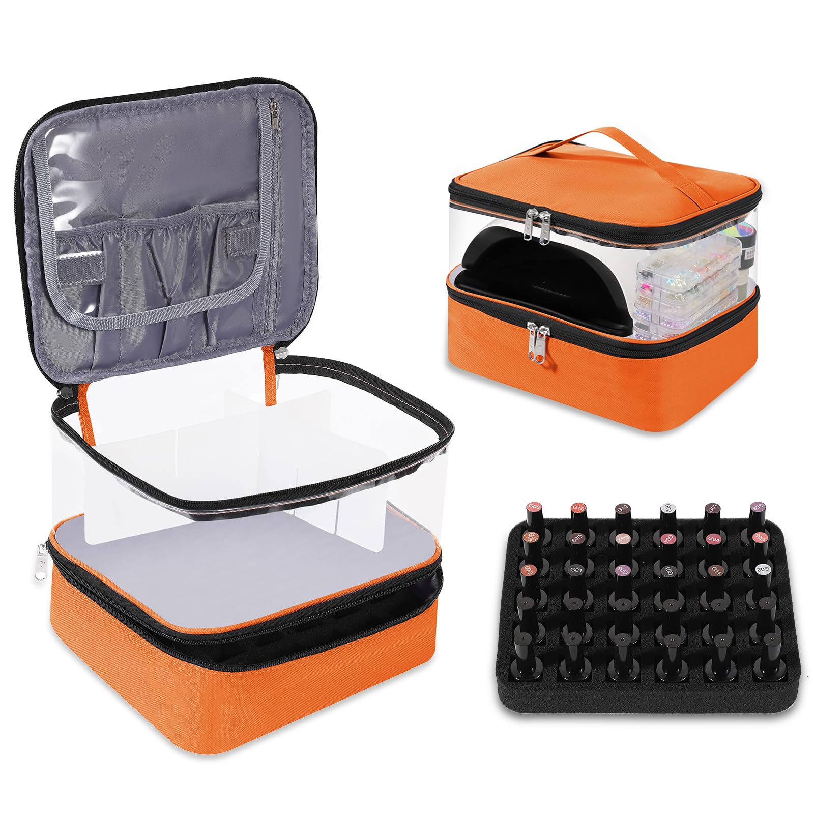 Beloving Clear Nail Polish Organizer – Double-Layer Case for 30 Bottles & Included Nail Dryer | Portable Orange